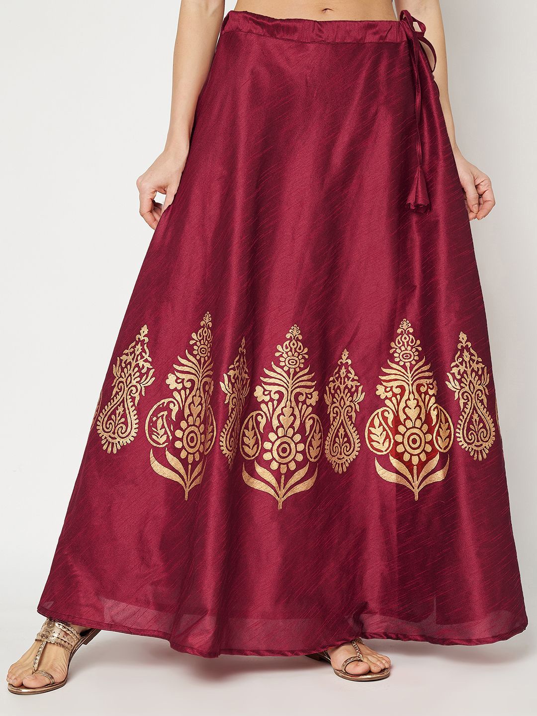 

studio rasa Women Dupion Block Printed Flared Maxi Skirts, Maroon