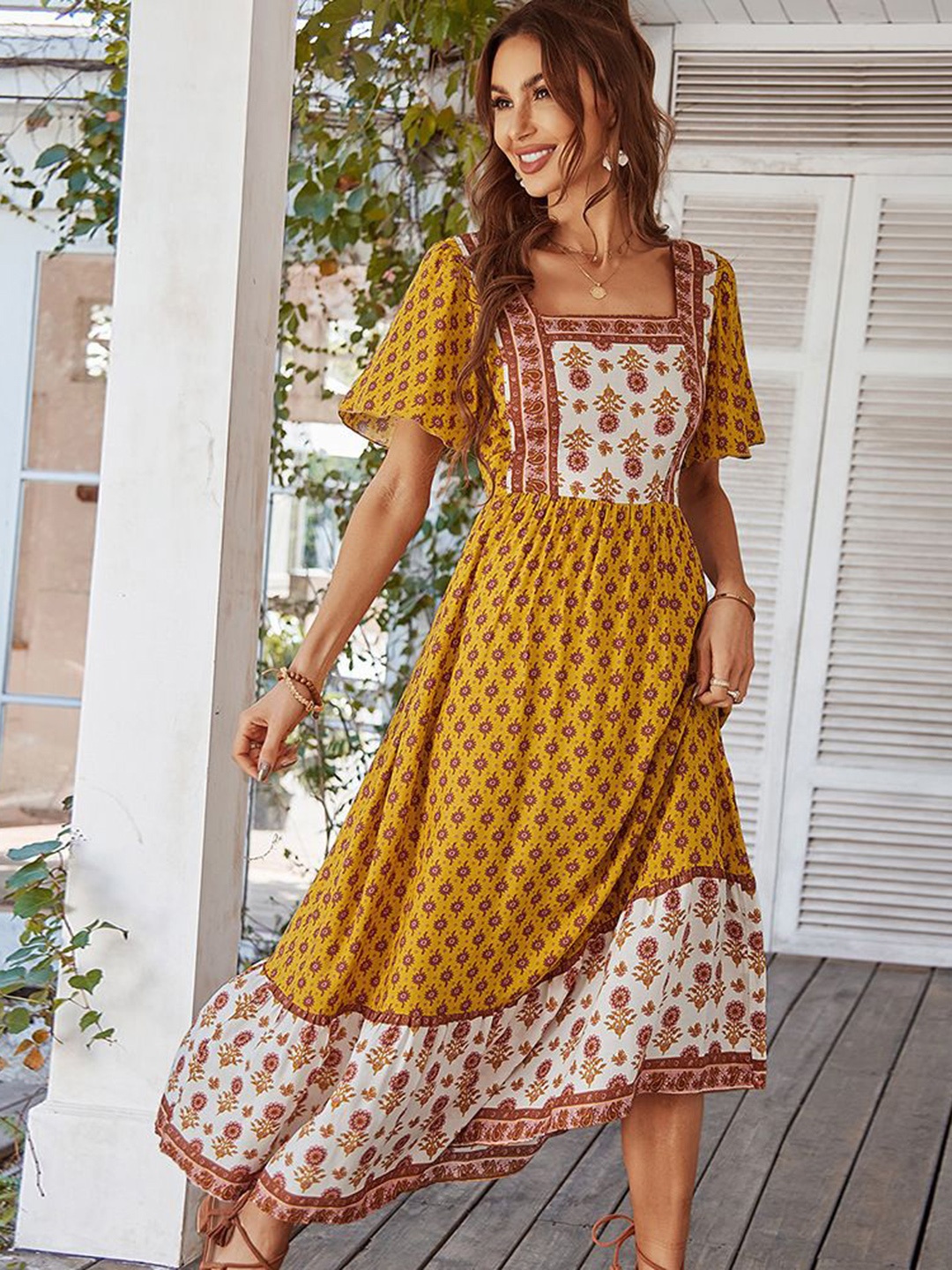 

StyleCast Floral Printed Square Neck Flutter Sleeve A-Line Dress, Yellow