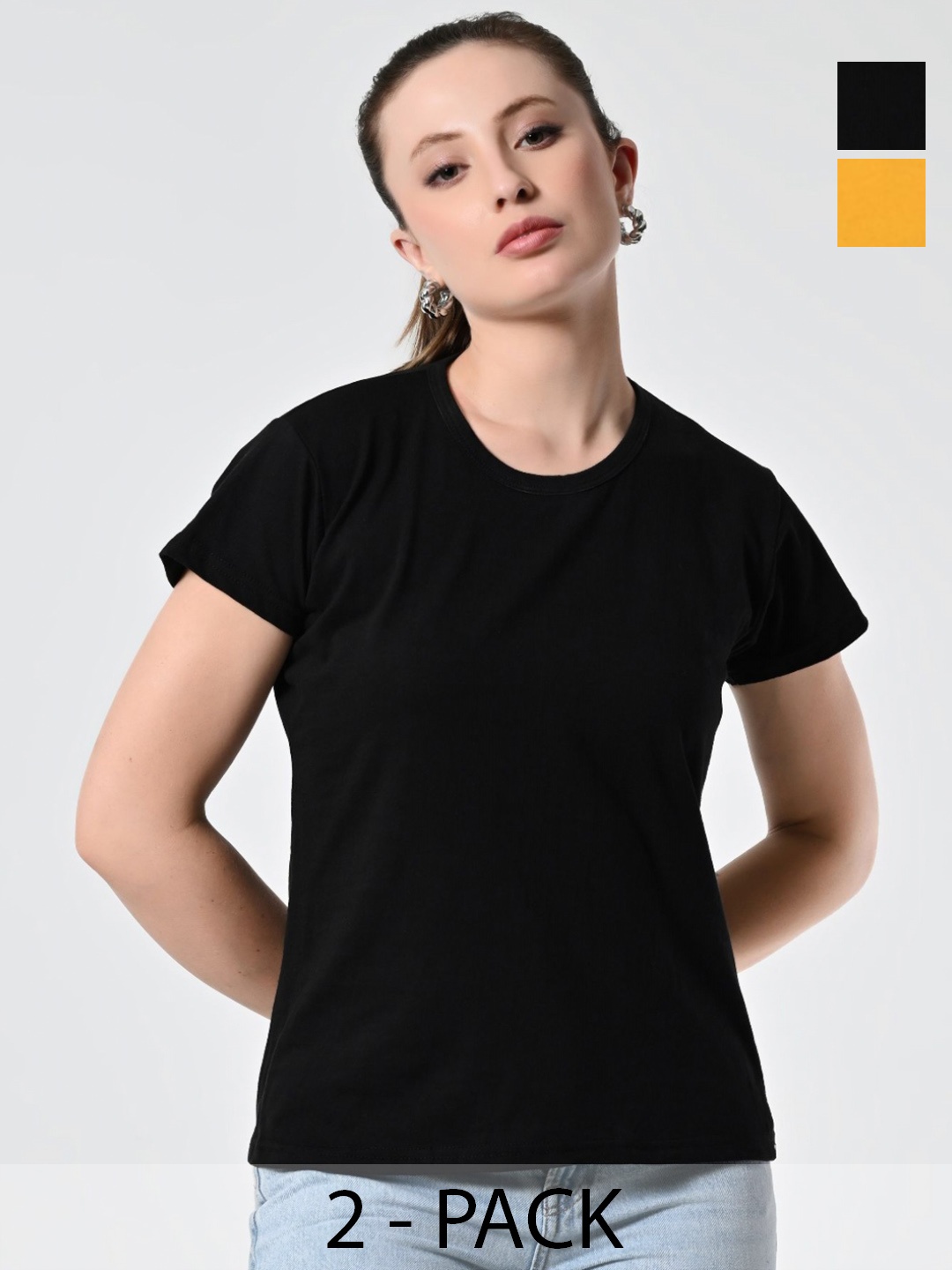 

BAESD Women Pack Of 2 Solid Round Neck Cotton T-shirts, Black