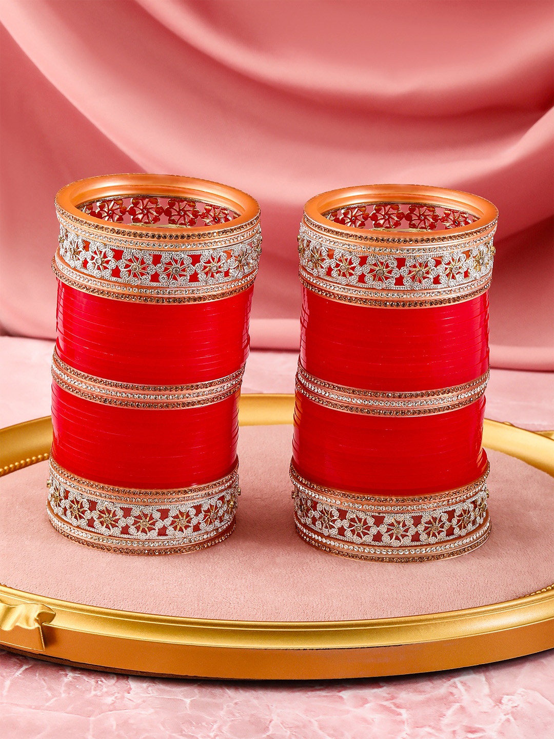 

Rubans Set of 74 Bridal Chura Bangles - Red with Gold & Silver Detailing for Brides
