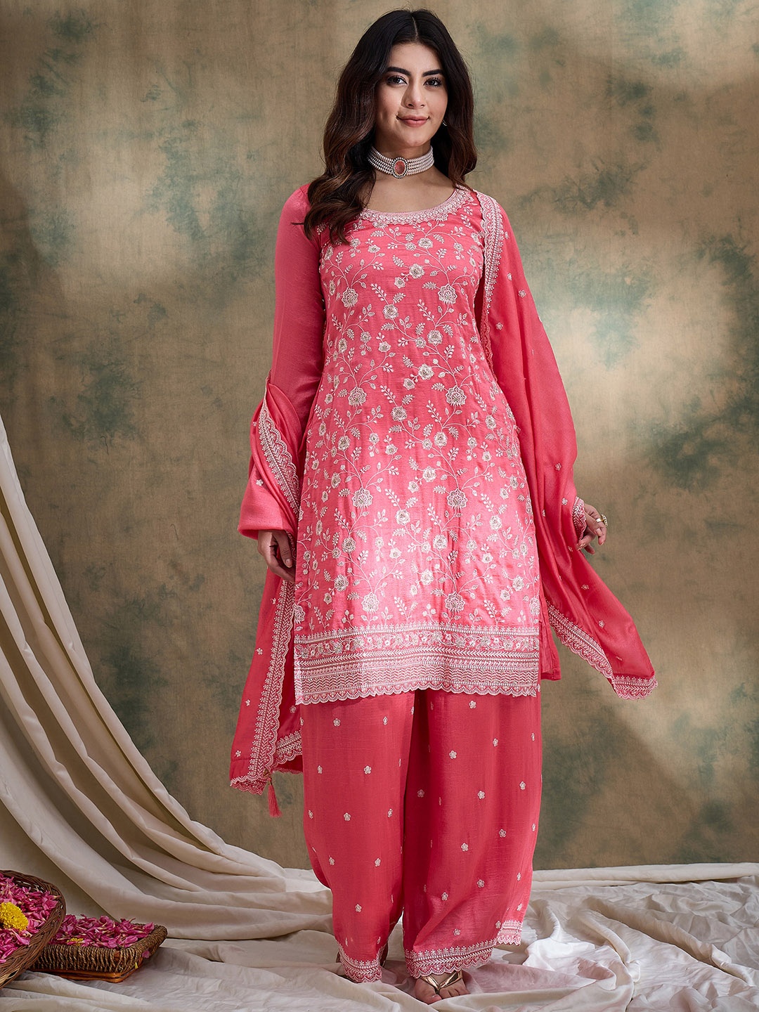 

Miss Ethnik Floral Embroidered Thread Work Straight Kurta With Palazzos & Dupatta, Pink