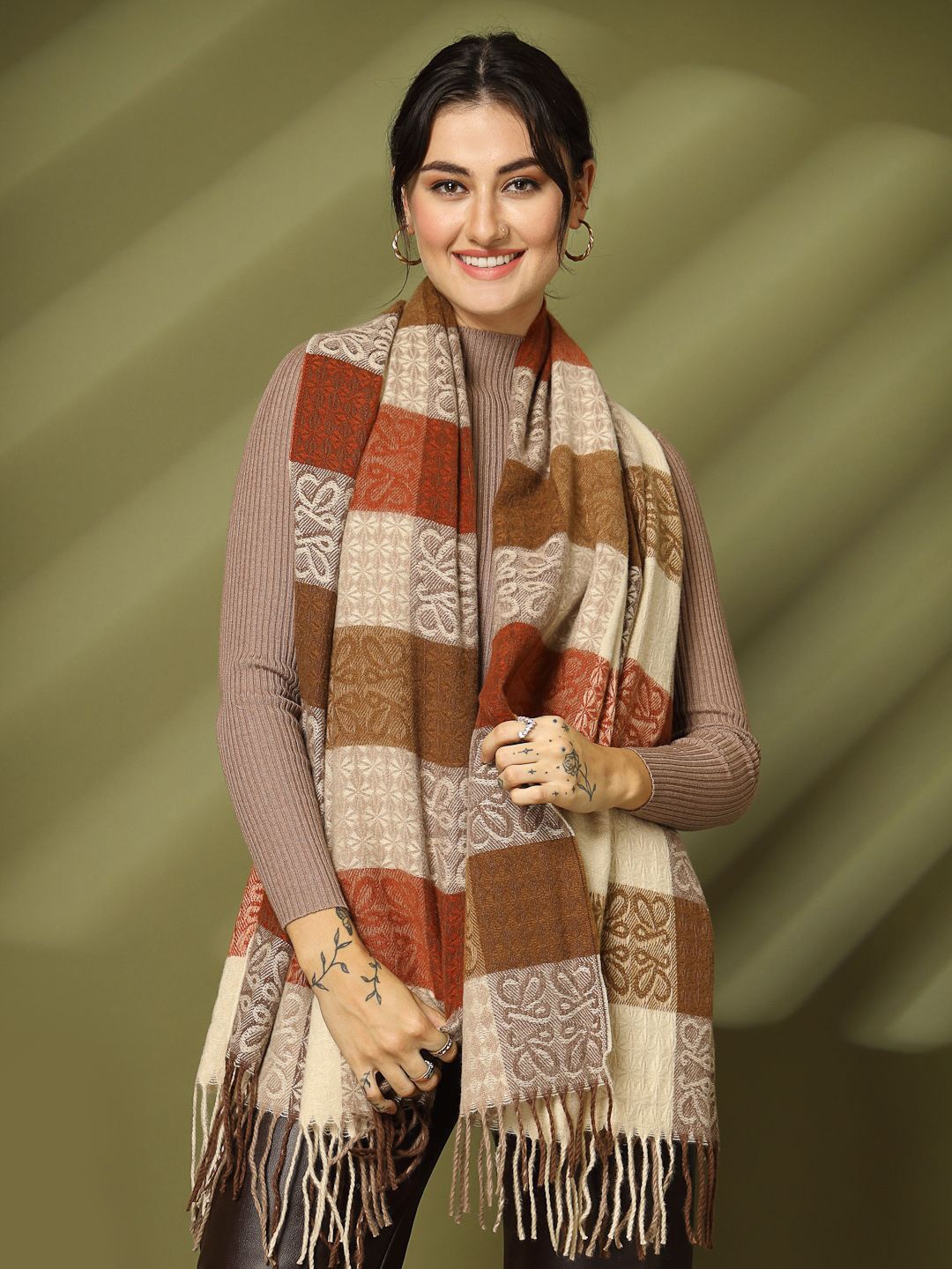 

Mafadeny Women Woven Design Striped Stole, Brown