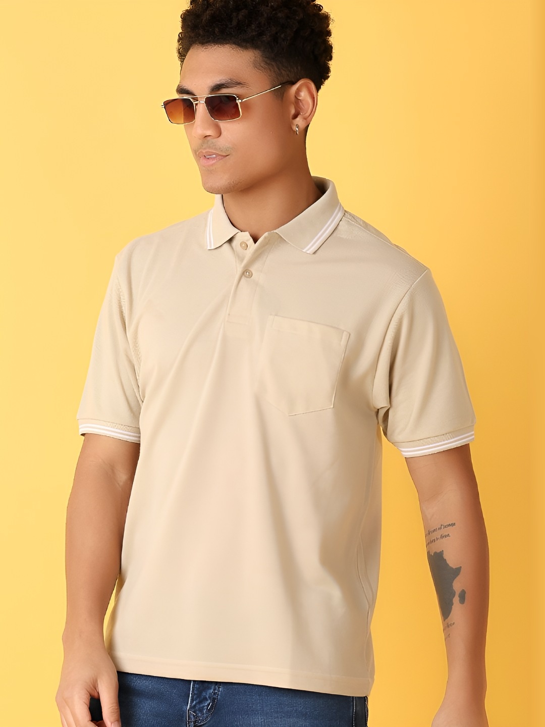 

V-Mart Men Solid Polo Collar Cotton T-shirt, Beige