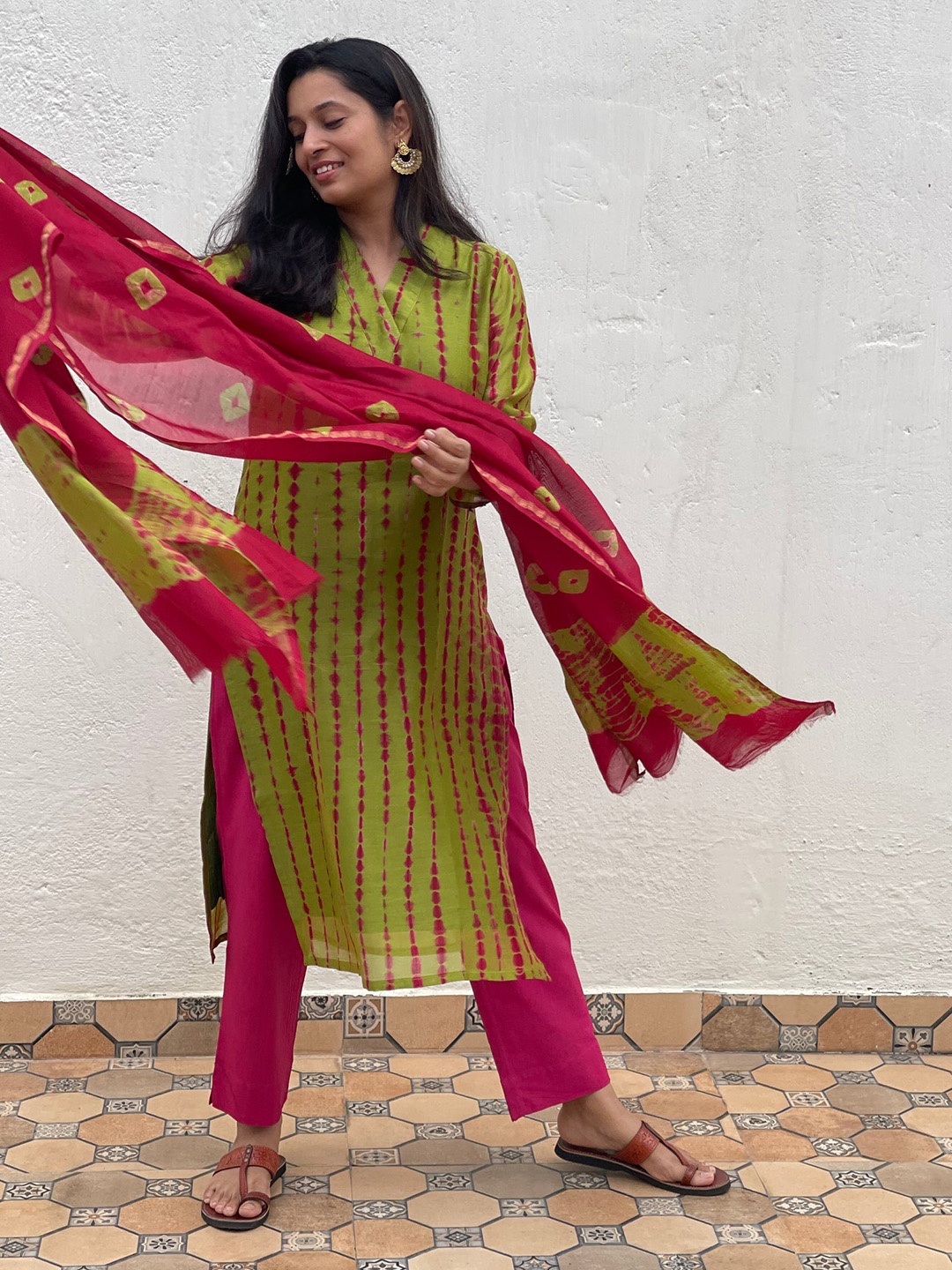 

KALINI Geometric Printed V-Neck Straight Kurta With Trousers & Dupatta, Green
