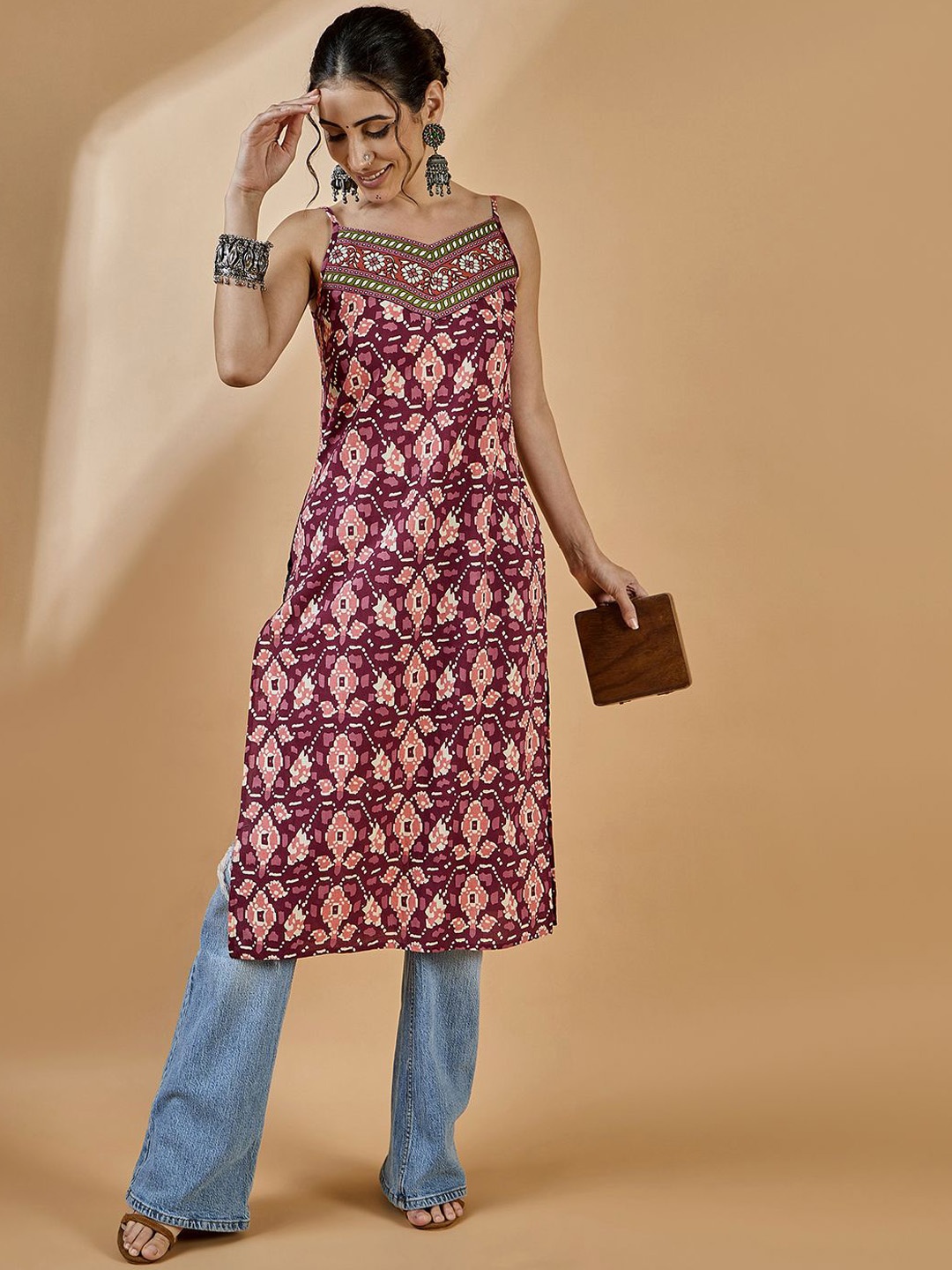 

WineRed Abstract Printed Shoulder Straps Neck Sleeveless Pure Cotton Straight Kurta, Rust
