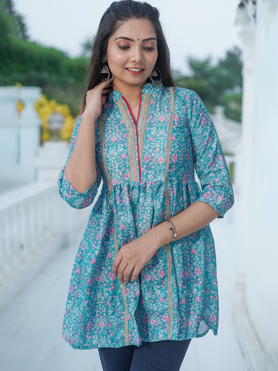 

GO BOUJEE Women Floral Printed Mandarin Collar Cotton Top, Blue