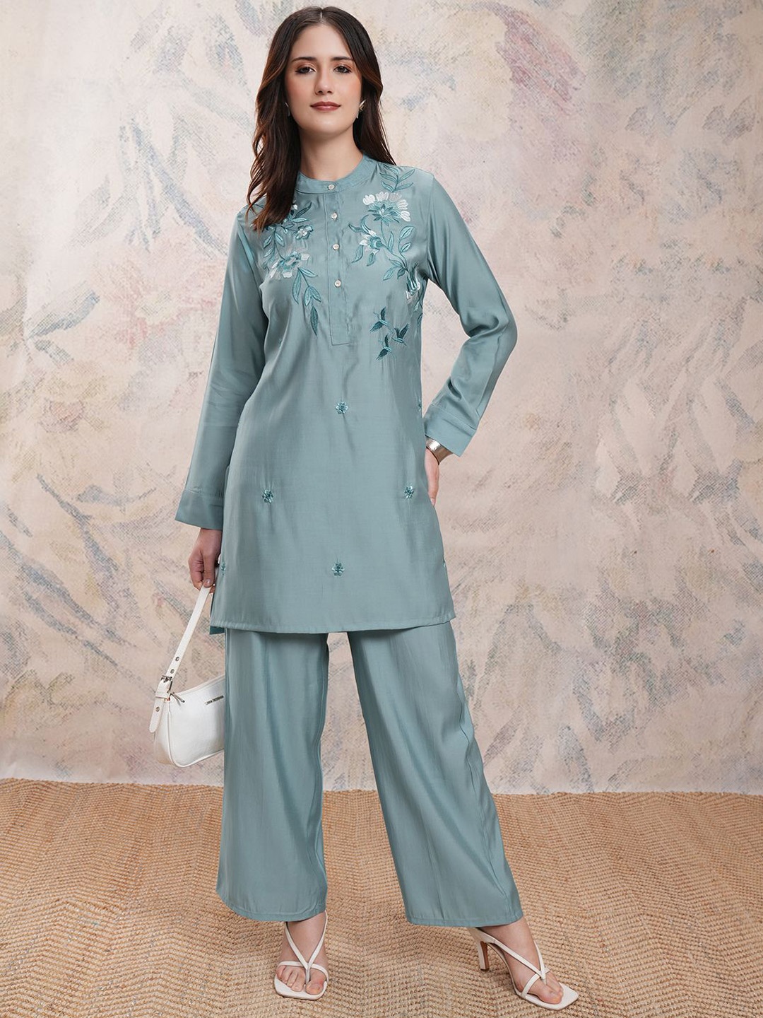 

Vishudh Teal Embroidered Mandarin Collar Long Sleeves Top With Trouser