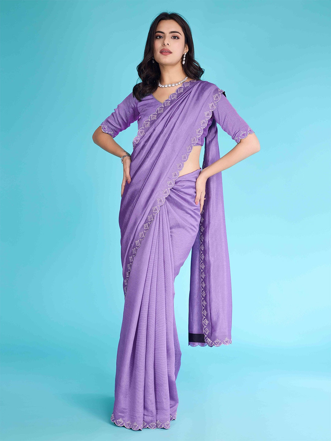 

Mitera Beads and Stones Saree With Blouse Blouse Piece, Lavender