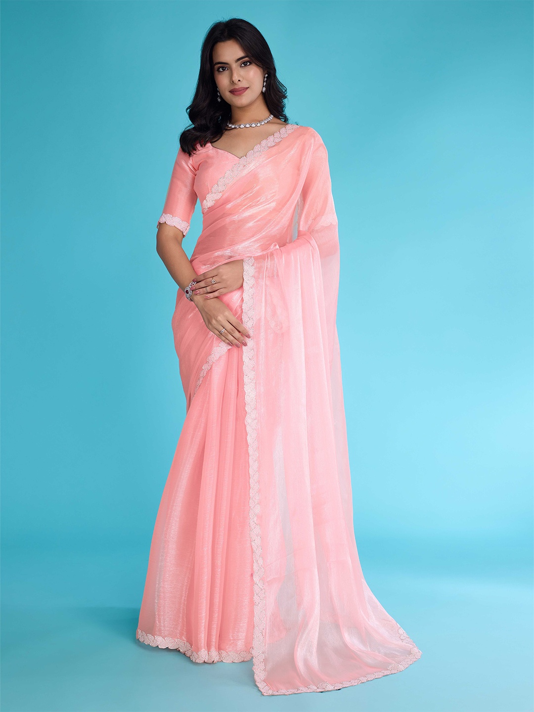 

Mitera Solid Embellished Organza Saree, Peach