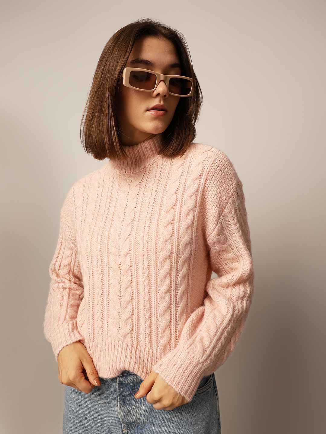 

ONLY Women Cable Knit Turtle Neck Pullover Sweater, Peach