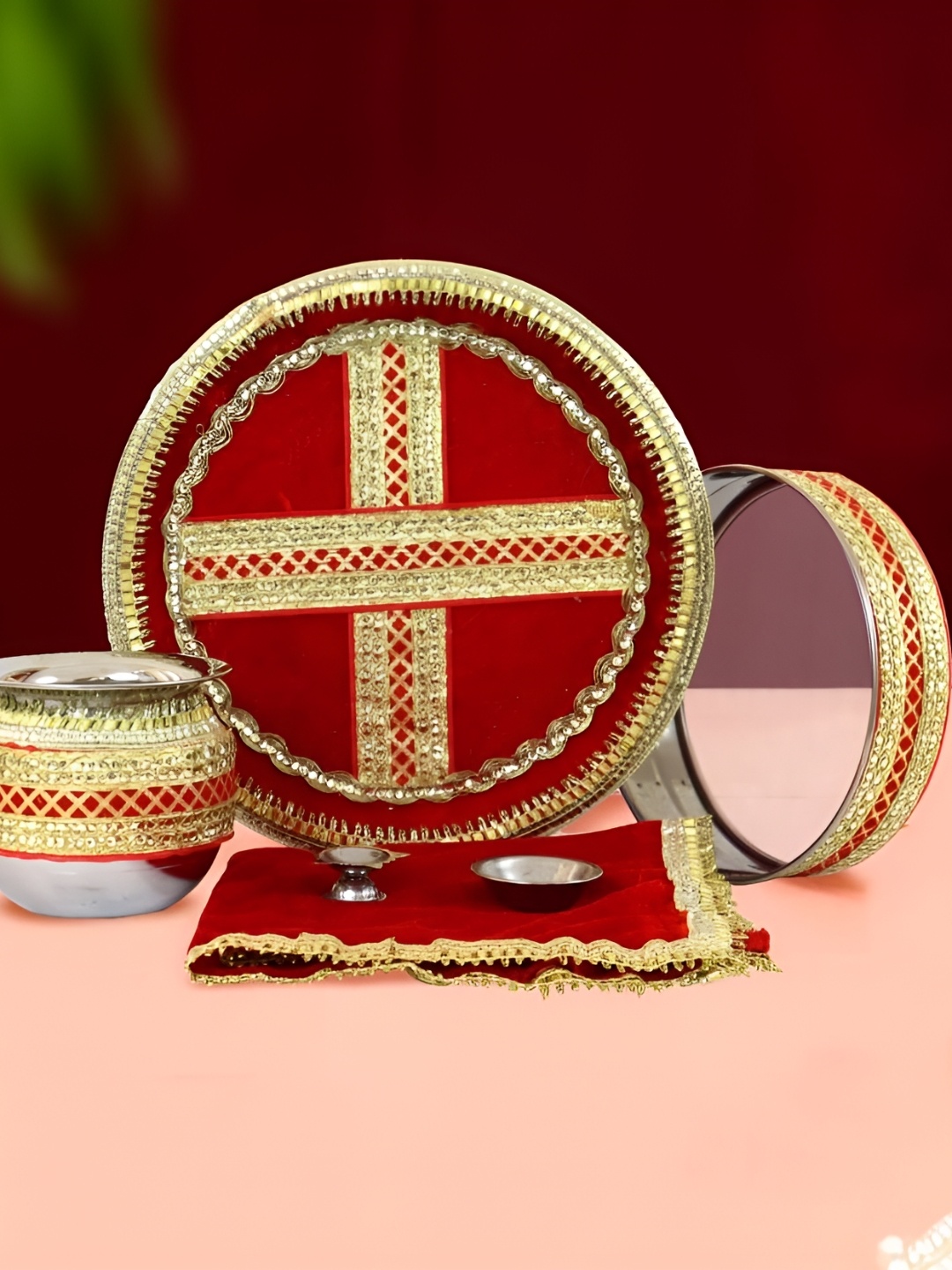 

TIED RIBBONS Red & Gold Toned 3 Pieces Karwa Chauth Pooja Thali Set