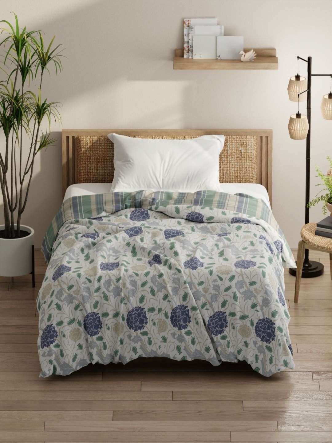 

KOPA White & Blue Floral Printed Microfiber AC Room 150 GSM Single Bed Comforter