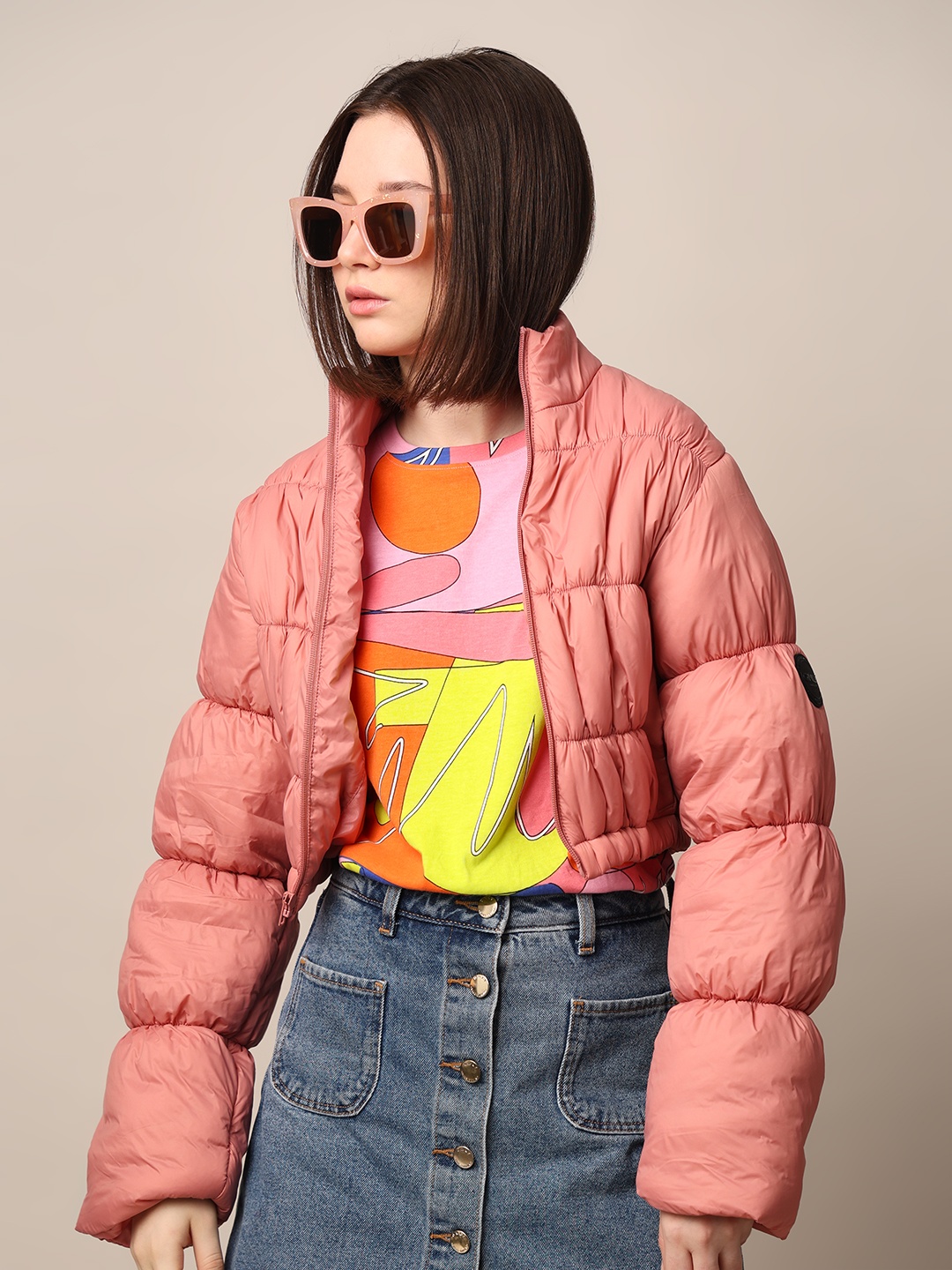 

ONLY Women Mock Collar Solid Nylon Casual Puffer Jacket, Pink