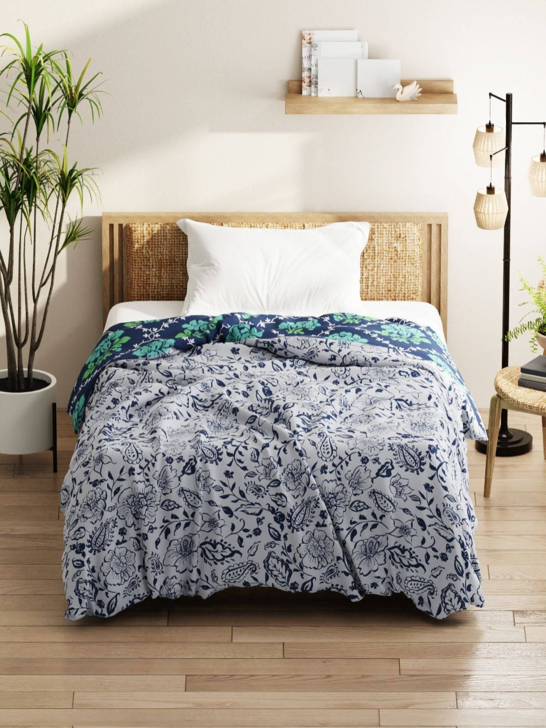 

KOPA Grey & Blue Floral Microfiber AC Room 120 GSM Single Bed Comforter