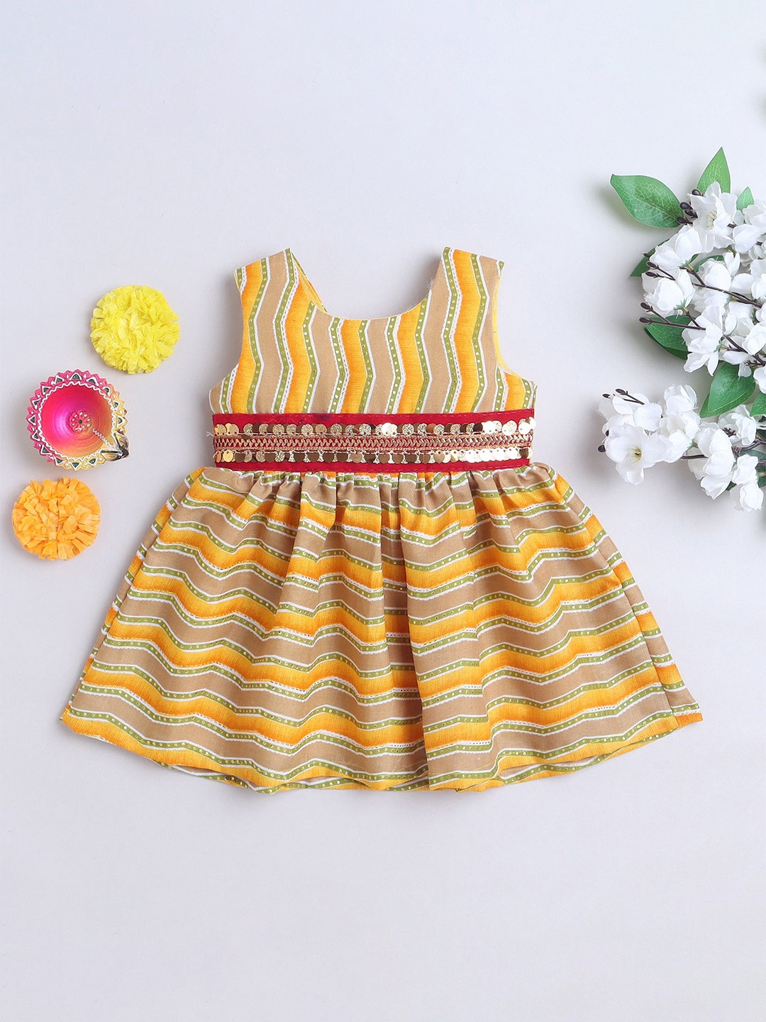 

MANY FROCKS & Girls Striped Cotton Fit & Flare Knee Length Dress, Yellow