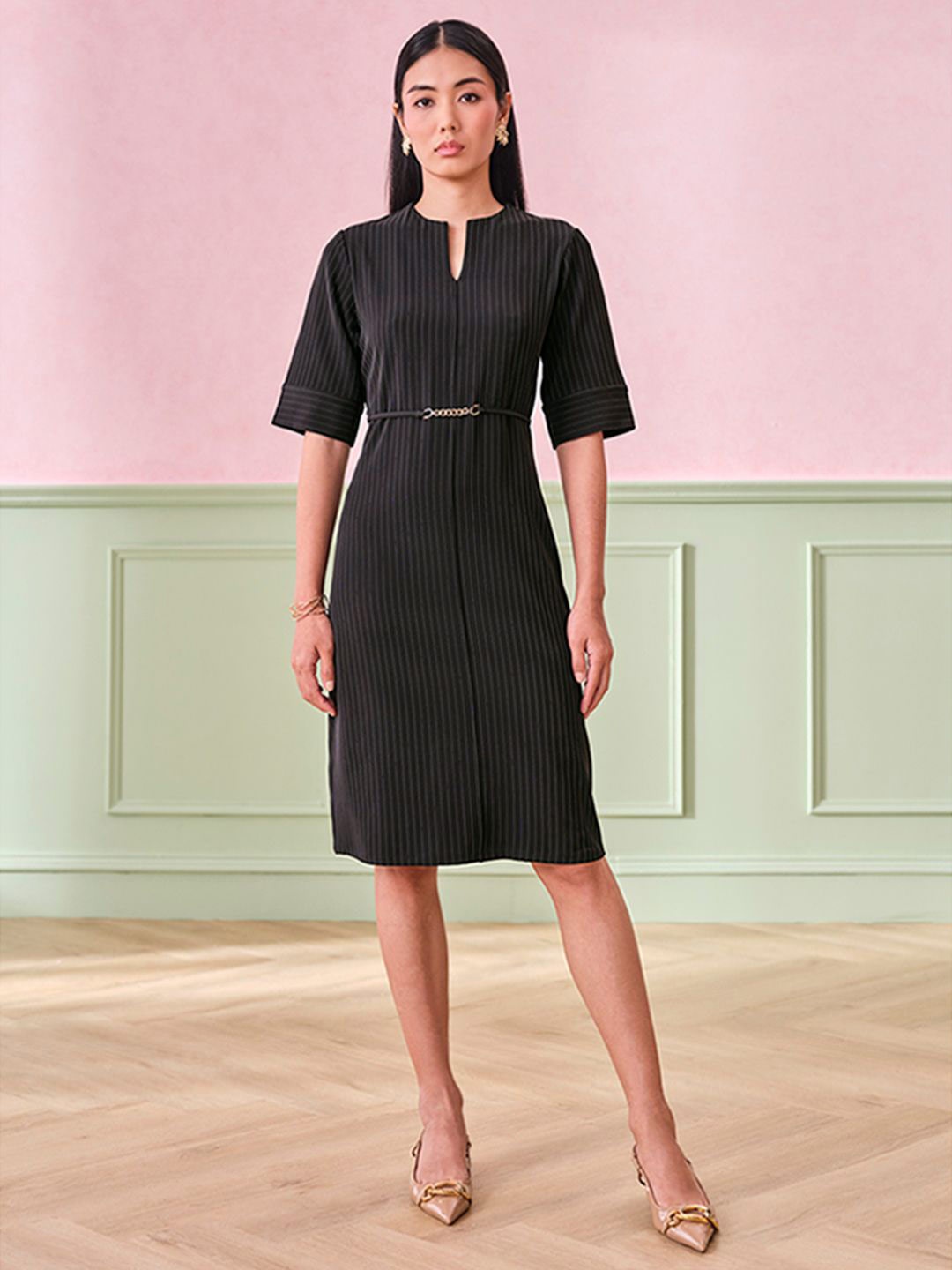 

AND Women Self Design A-Line Dress, Black