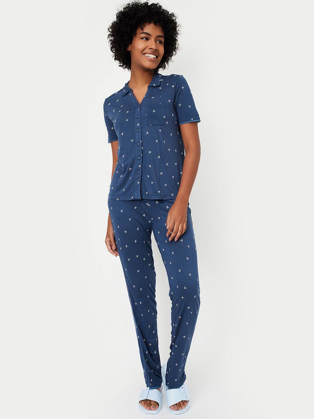 

max Women Pure Cotton Conversational Printed Night suit, Blue