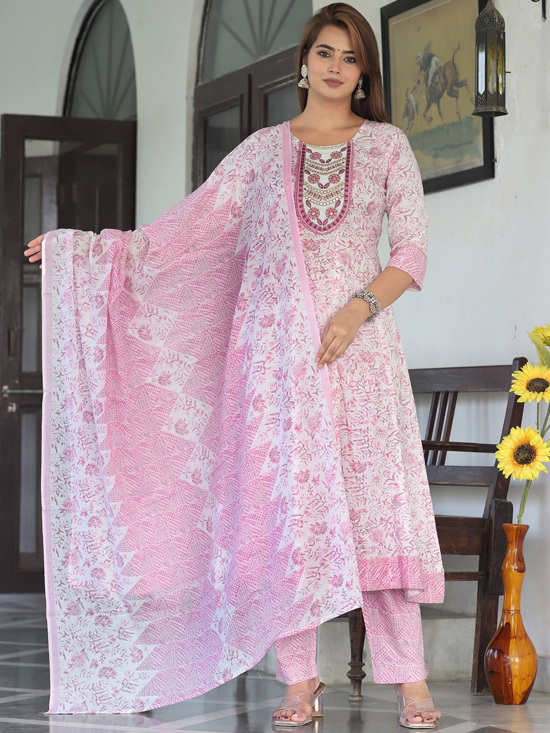 

G4Girl Floral Printed Round Neck Pure Cotton Anarkali Kurta And Trouser With Dupatta, Pink