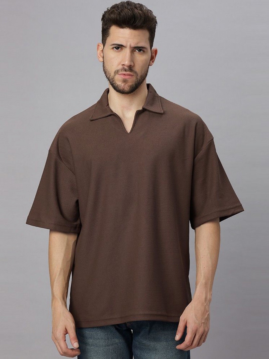 

Wear Your Opinion Men Solid Polo Collar Oversized T-shirt, Brown