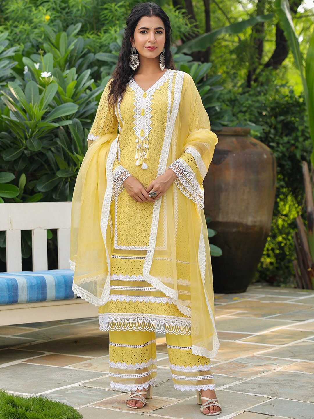 

Meena Bazaar Women Floral Embroidered Regular Kurta with Trousers & With Dupatta, Yellow