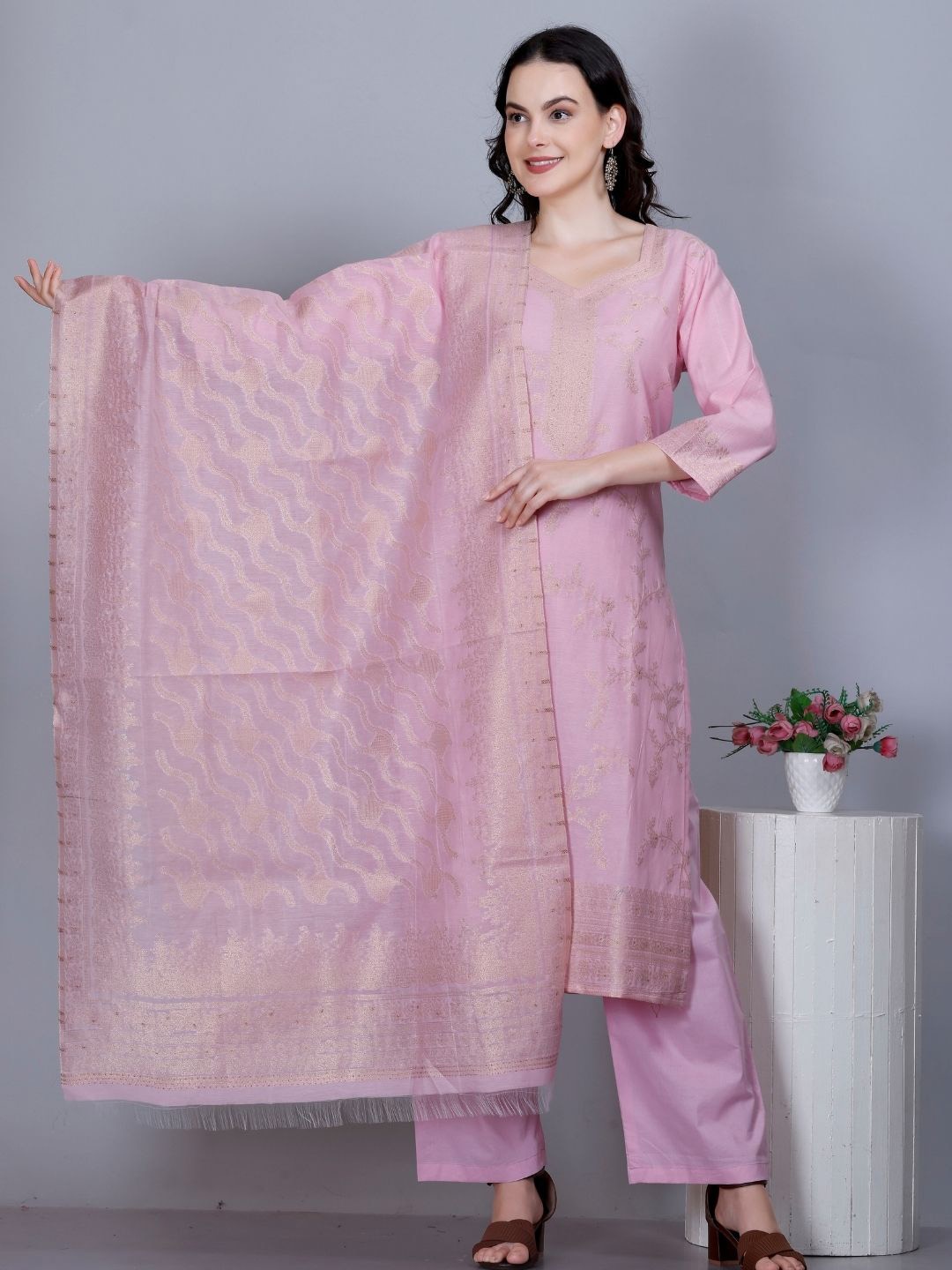 

KIDAR Women Ethnic Motifs Regular Kurta with Trousers & With Dupatta, Pink