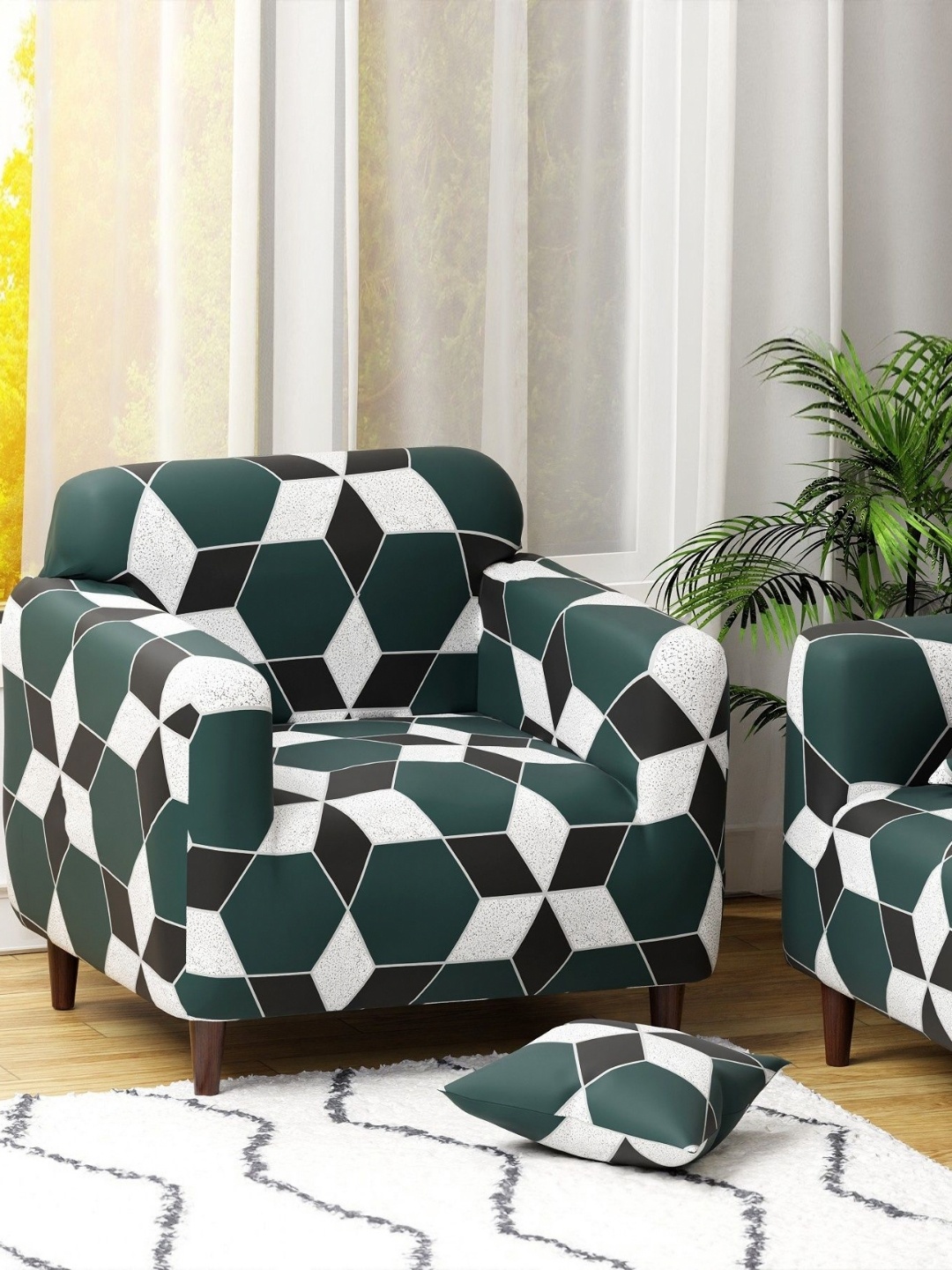 

Lukzer Green & White Printed Sofa Cover With Arms