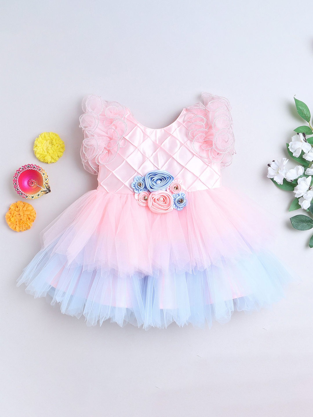 

MANY FROCKS & Self Design Sleeveless Net Fit & Flare Dress, Peach