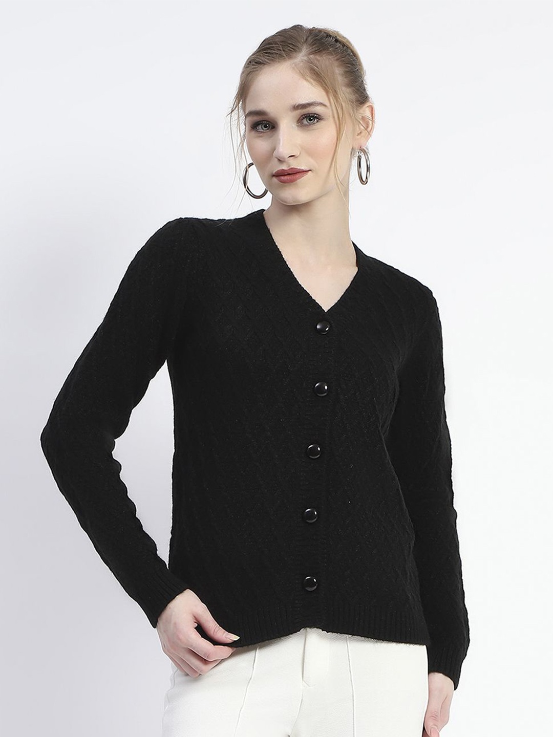 

Madame Women Self Design Ribbed Cardigan Sweater, Black