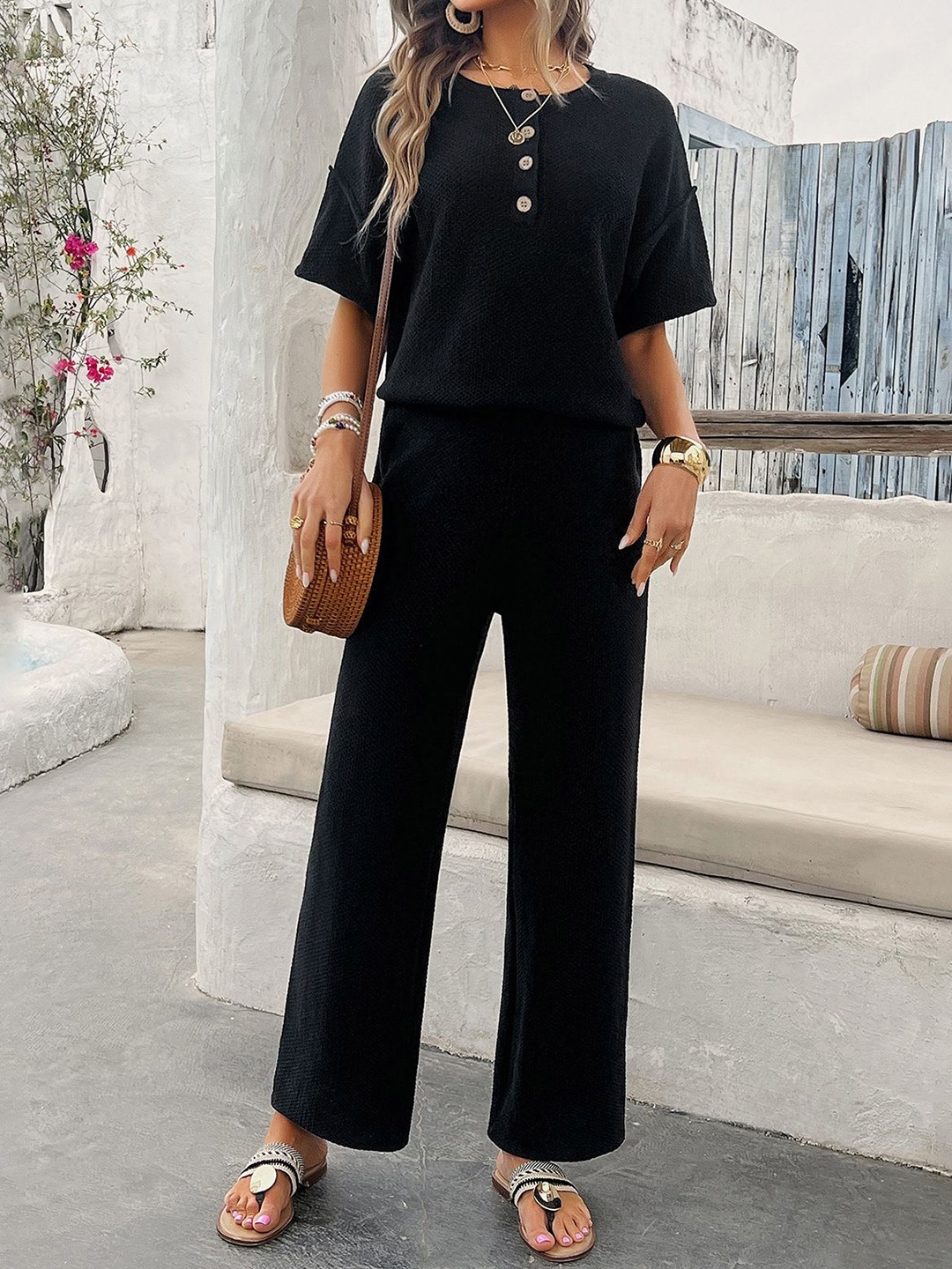 

StyleCast Women Round Neck Top With Trousers Co-Ords, Black