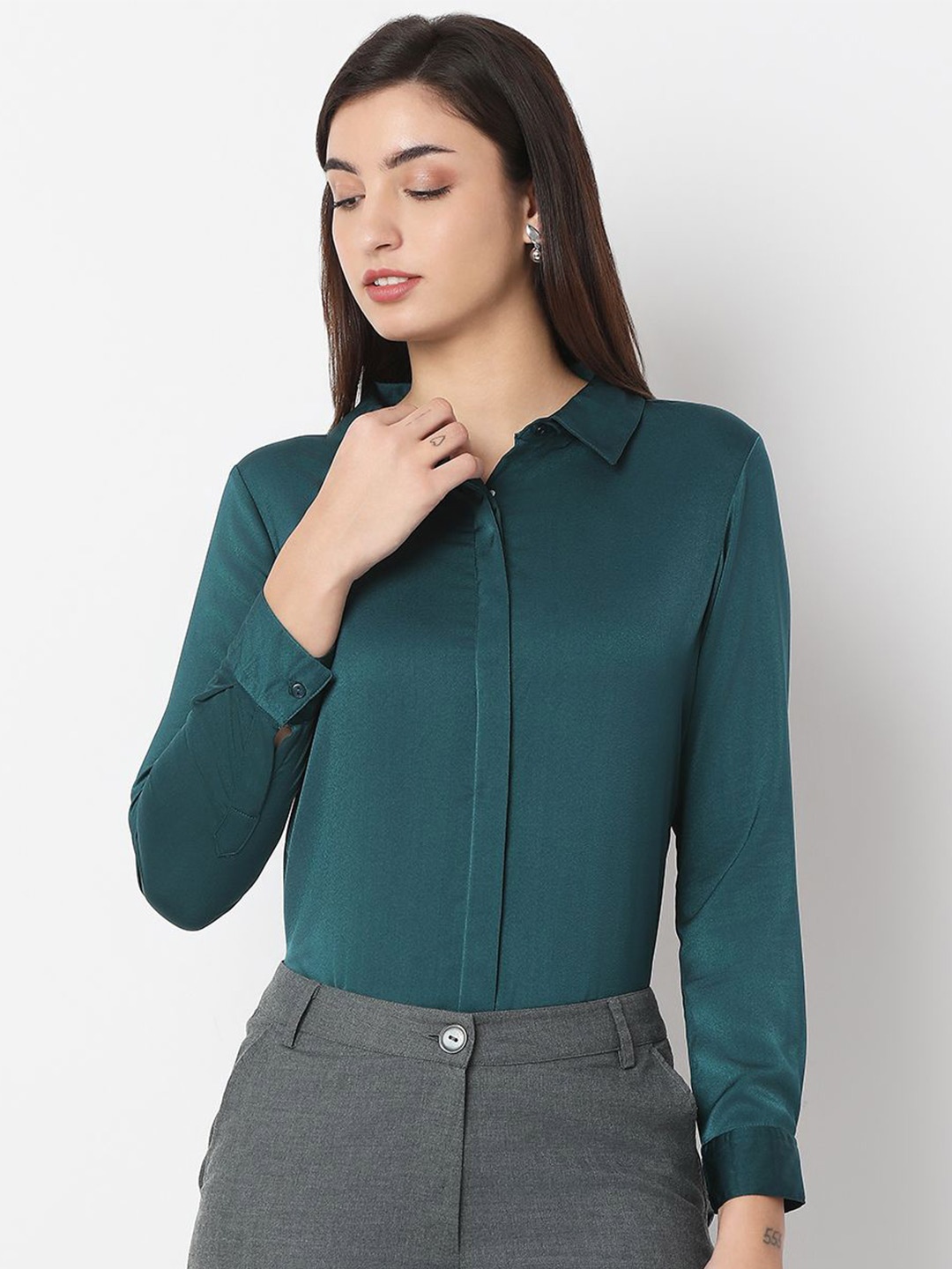 

NOT SO PINK Women Premium Spread Collar Solid Satin Formal Shirt, Teal