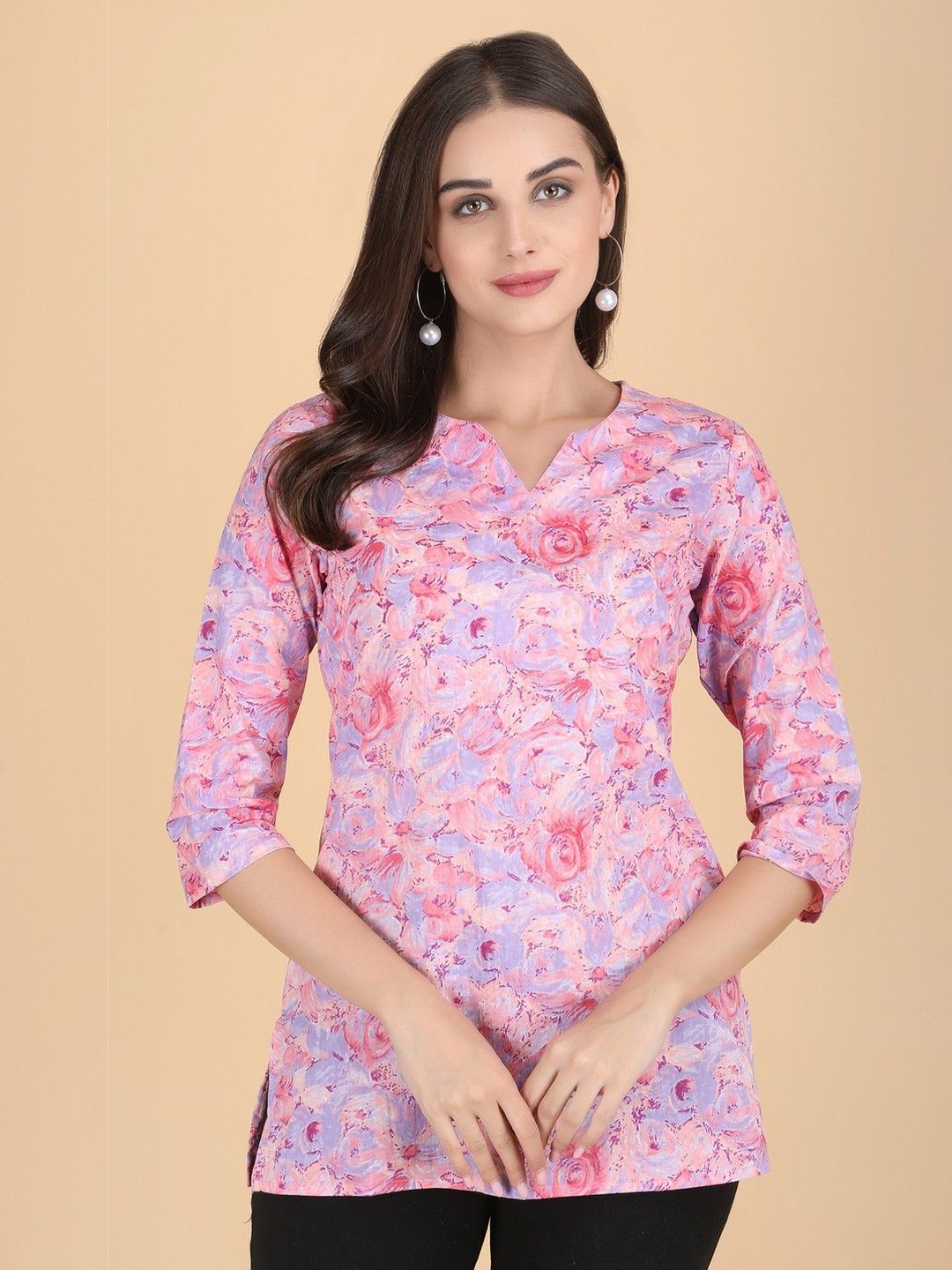 

PIDAVLIYA'S Women Floral Printed V-Neck Cotton Top, Purple