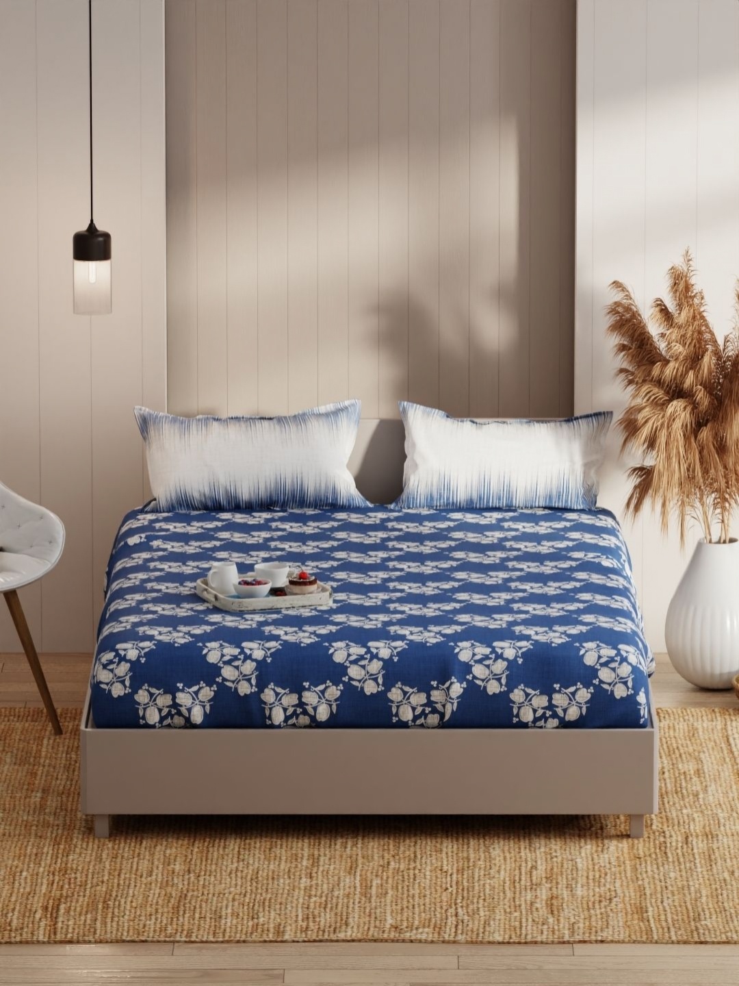 

KOPA Blue Floral 152 TC Microfiber Queen Bedsheet With 2 Pillow Covers 2.31 m X 2.54 m