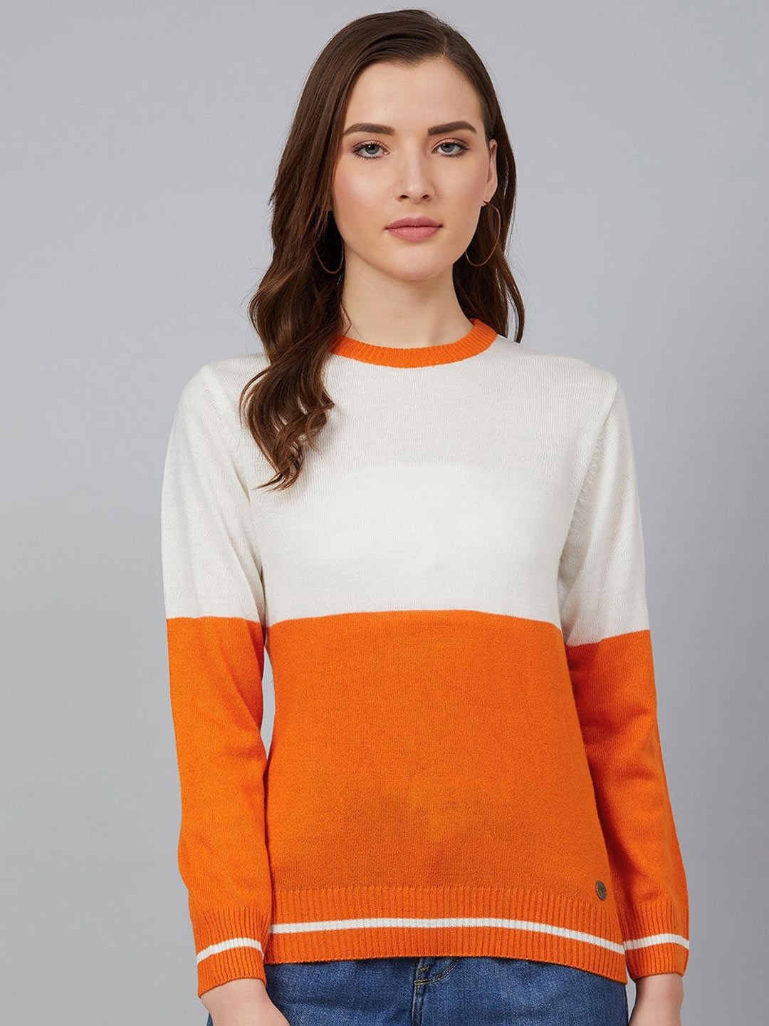 

Cayman Women Colourblocked Round Neck Pullover Ribbed Sweater, Orange