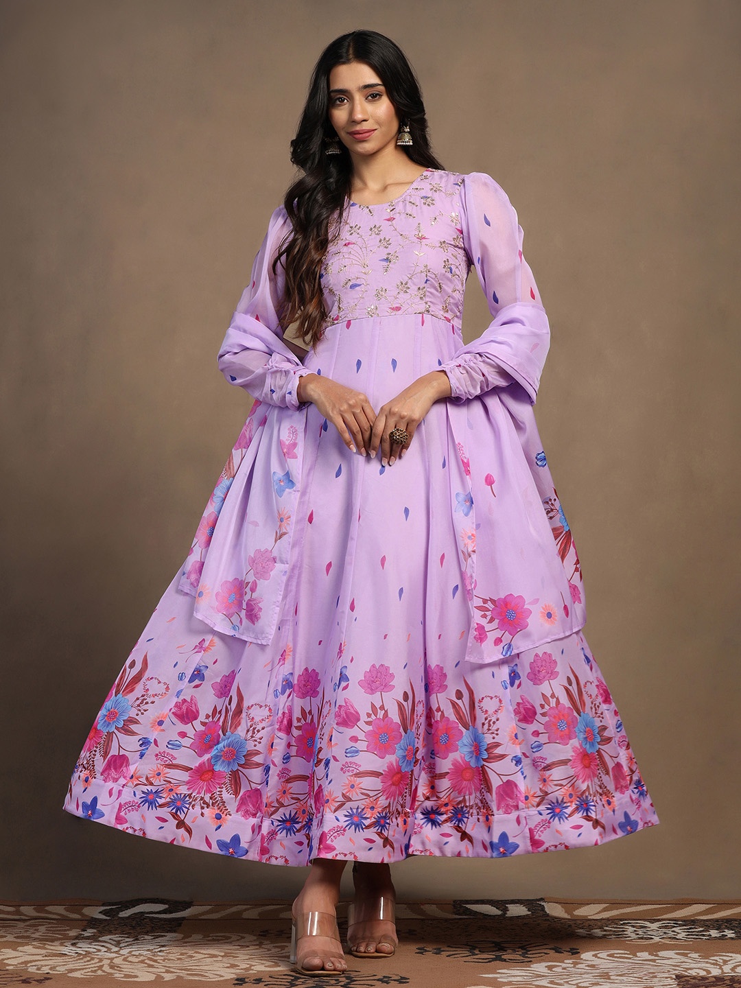 

FASHION DREAM Floral Embroidered Empire Sequinned Anarkali Kurta & Trouser & Dupatta, Lavender