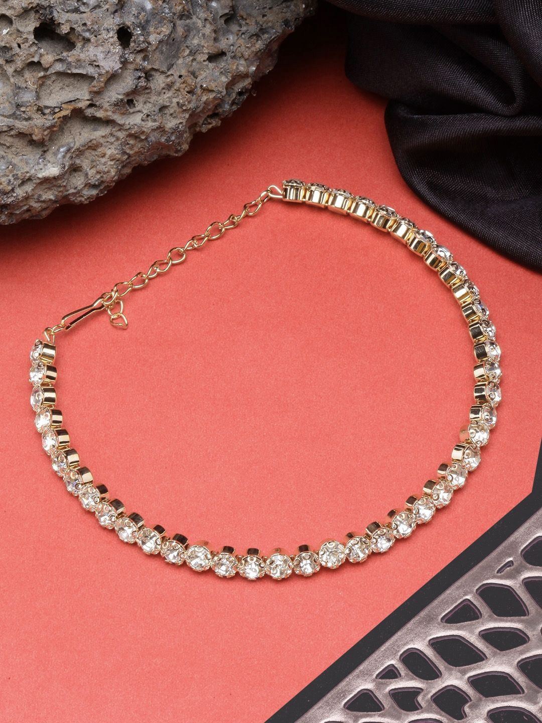 

KPOP Brass Gold-Plated Stones Studded Choker Necklace