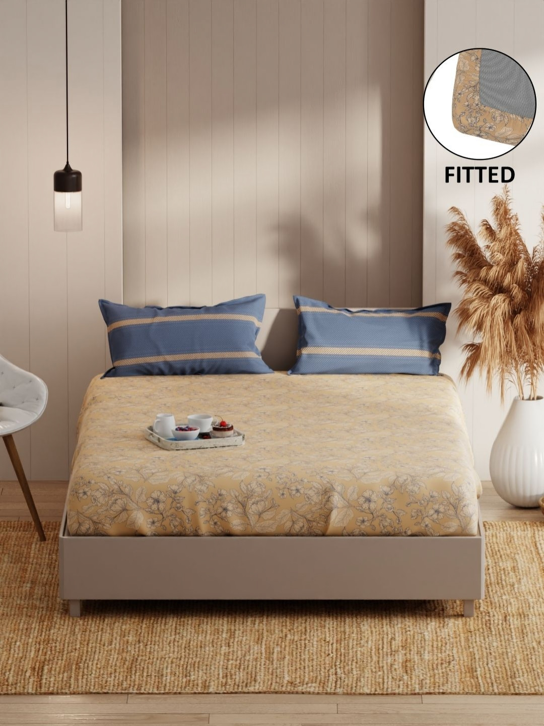 

KOPA Tan Floral 152 TC Microfiber Queen Bedsheet & 2 Pillow Covers 1.80 m x 1.98 m x 25 cm