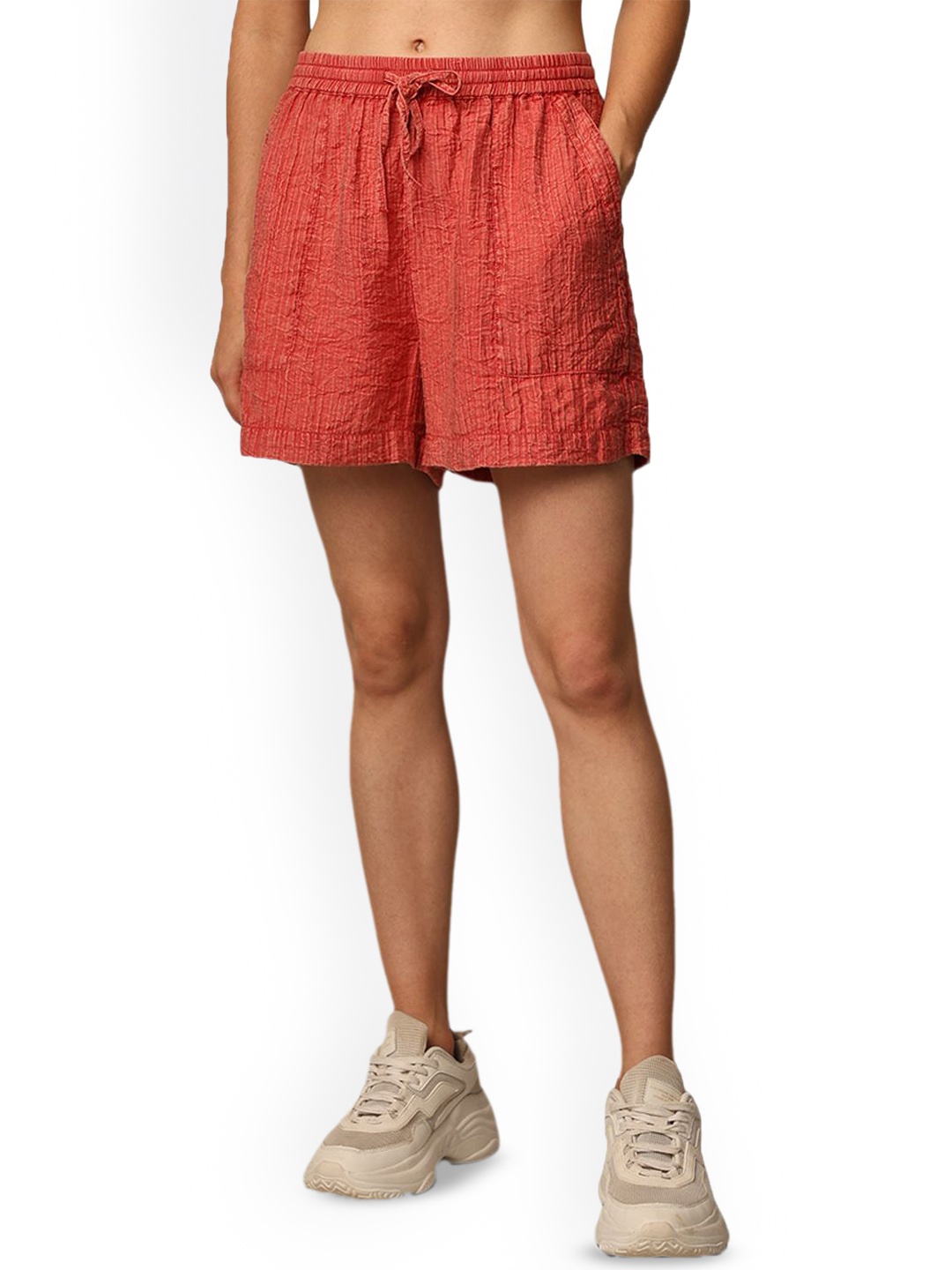 

ONLY Women Washed Regular Fit Shorts, Red