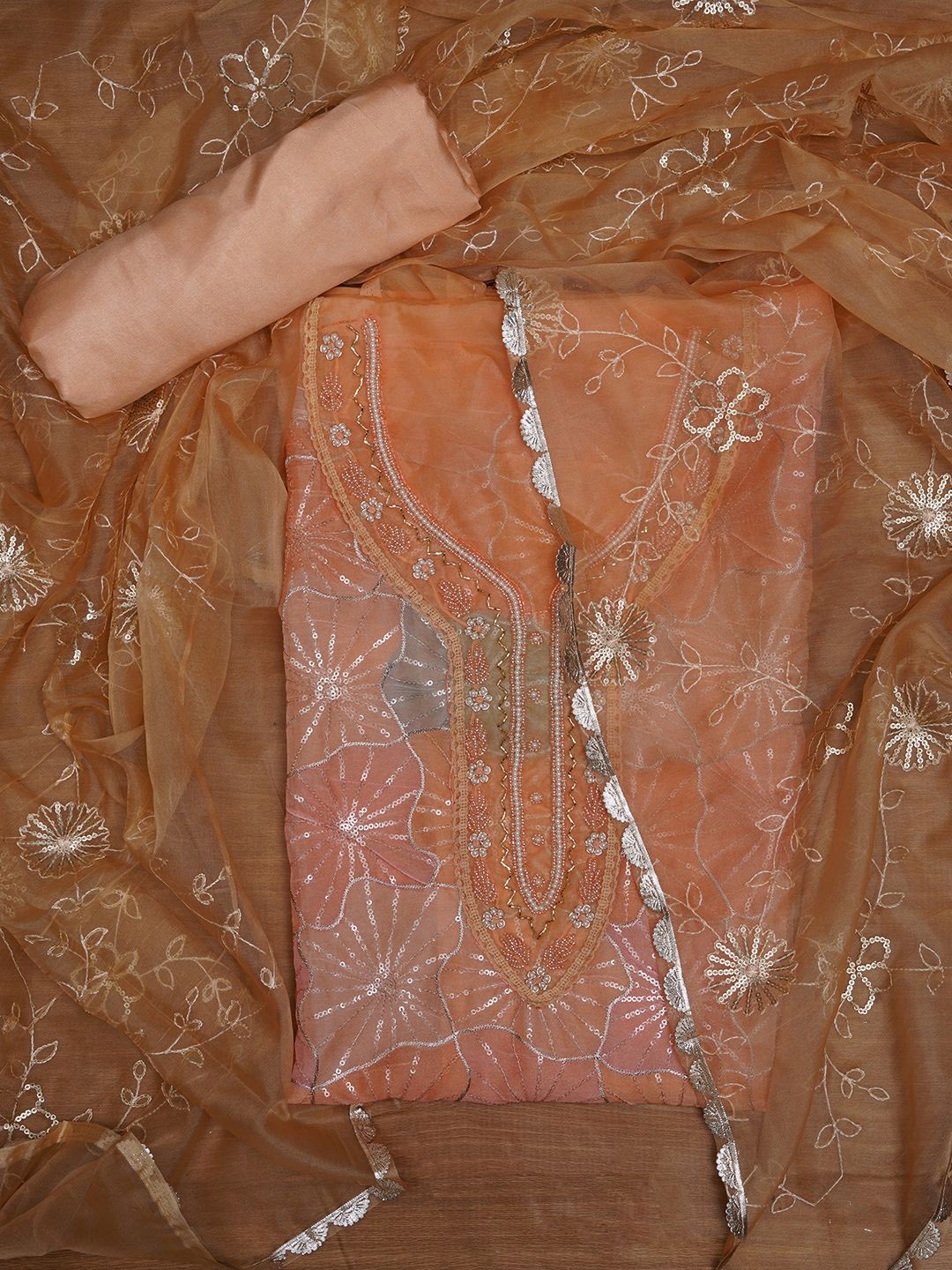 

Jaipur Kurti Floral Sequin Embroidered Organza Dress Material with Dupatta, Orange
