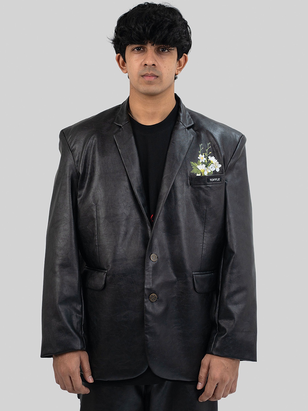 

TOFFLE Unisex Lapel Collar Typography Printed Leather Casual Leather Jacket, Black