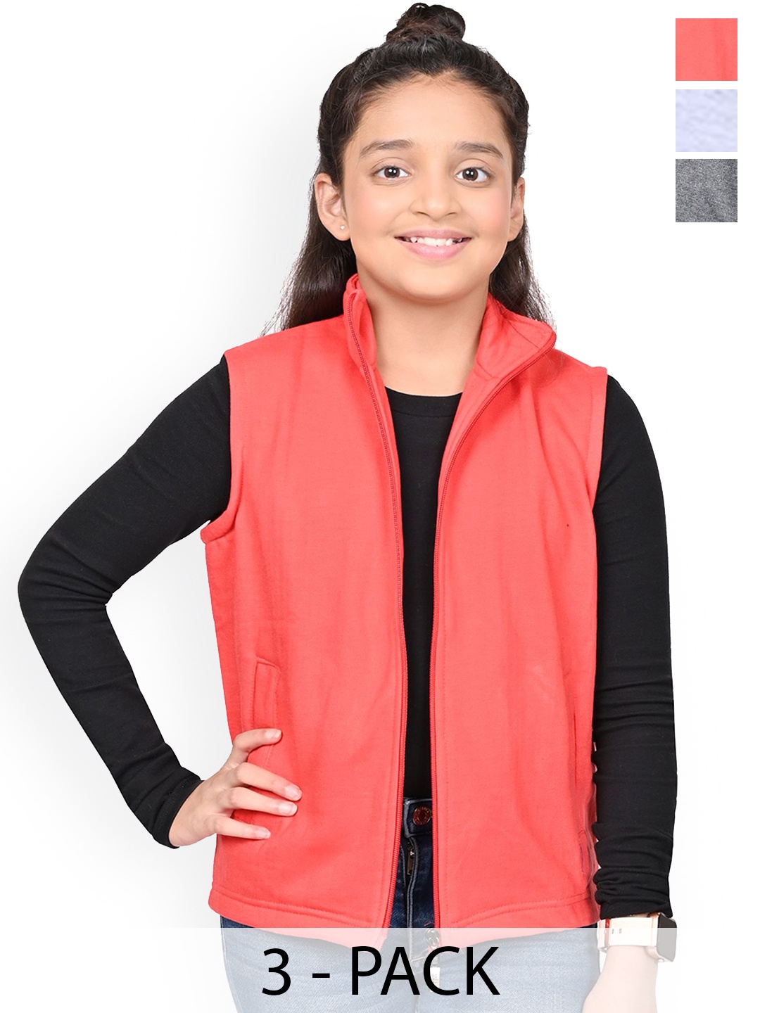 

BAESD Girls Pack Of 3 Mock Collar Solid Fleece Casual Open Front Jackets, Red