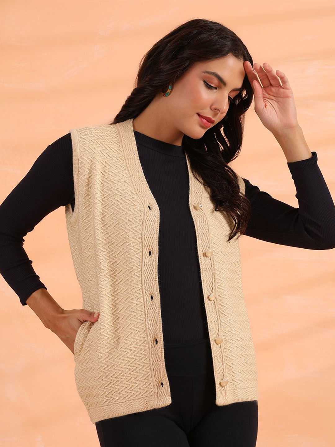 

Cayman Women Cable Knit Woollen Cardigan, Beige