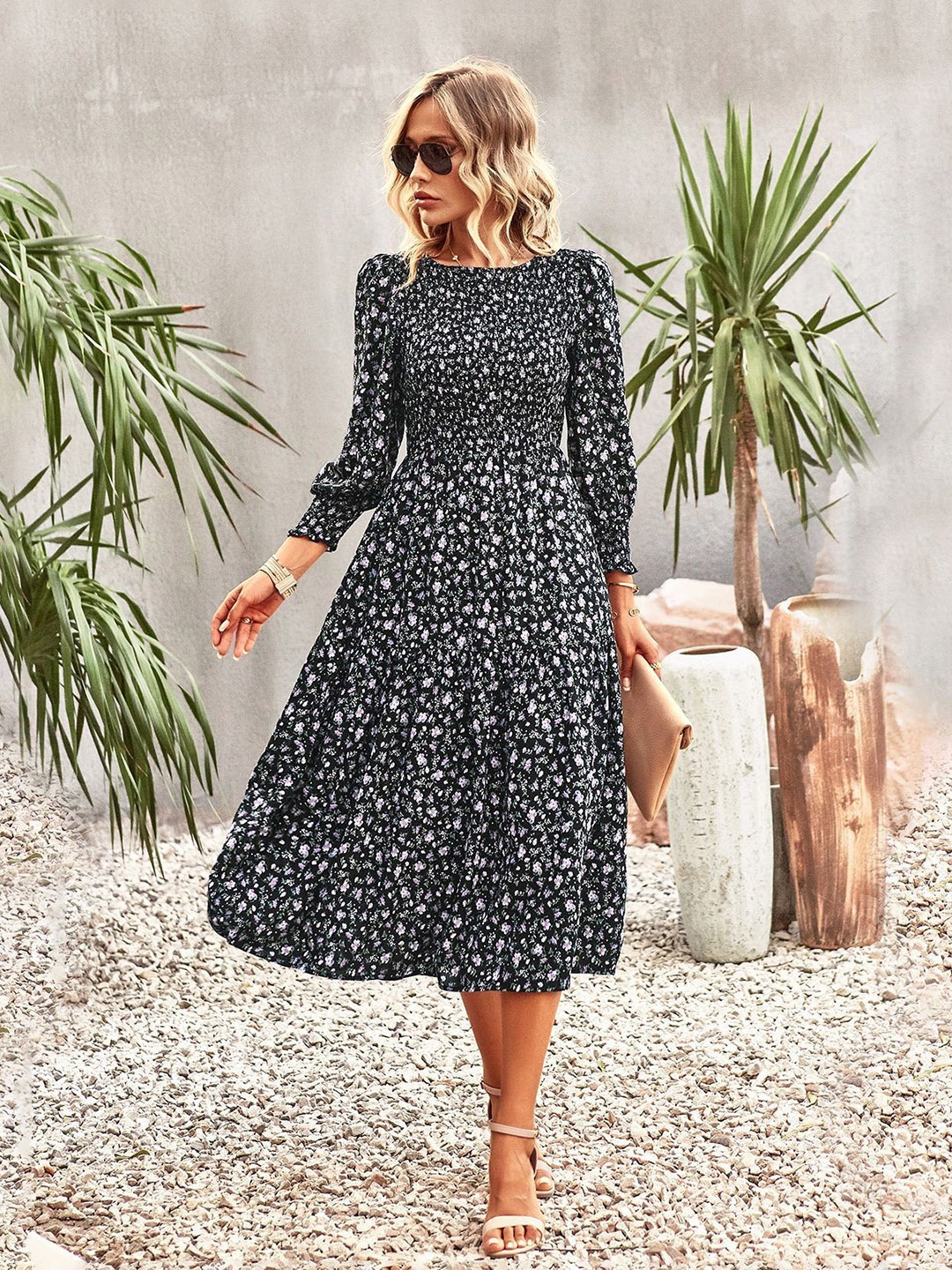 

StyleCast Women Boat Neck Cuffed Sleeves Floral Print Smocked Fit and Flare Midi Dress, Black