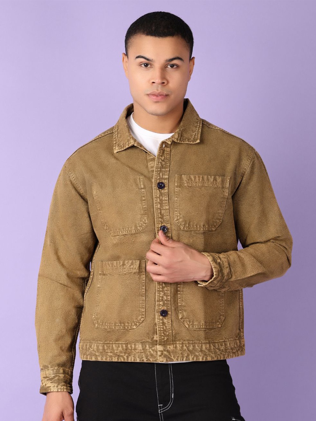 

V-Mart Men Spread Collar Solid Cotton Casual Shirt, Brown