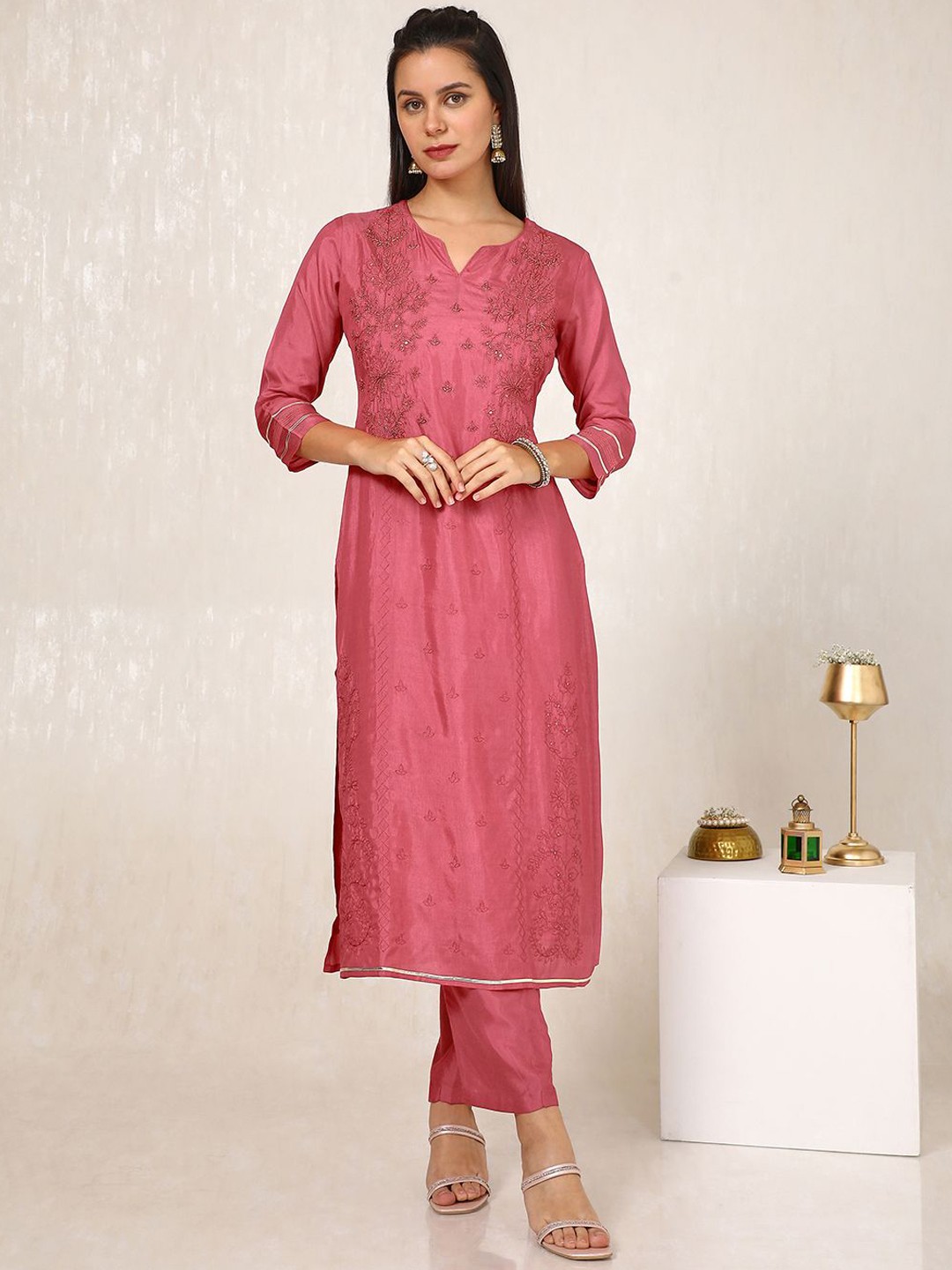 

Soch Ethnic Motifs Embroidered Thread Work Straight Kurta with Trousers & Dupatta, Pink