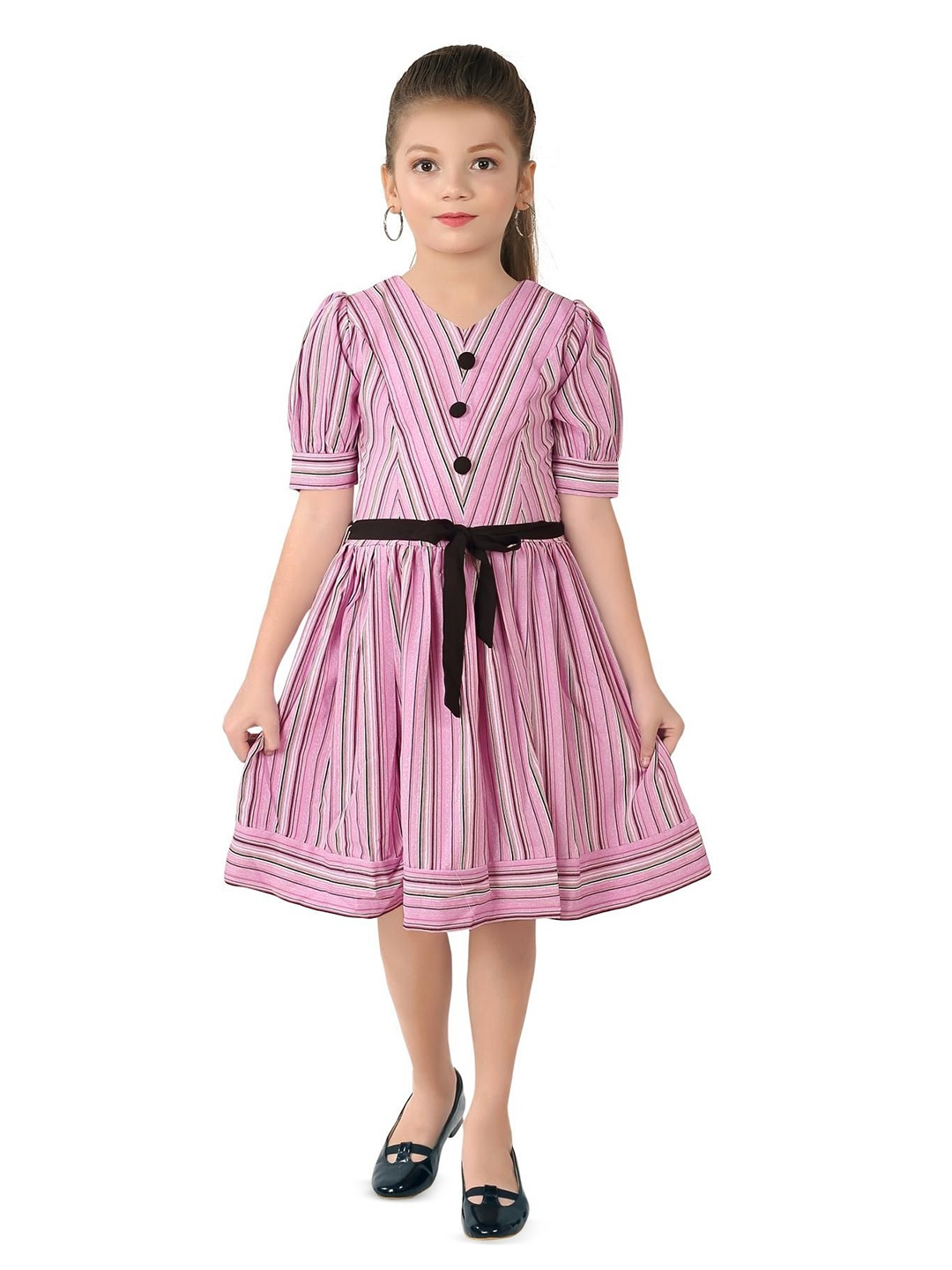 

Tiny Girl Striped Puff Sleeve Fit & Flare Dress Comes with a belt, Pink