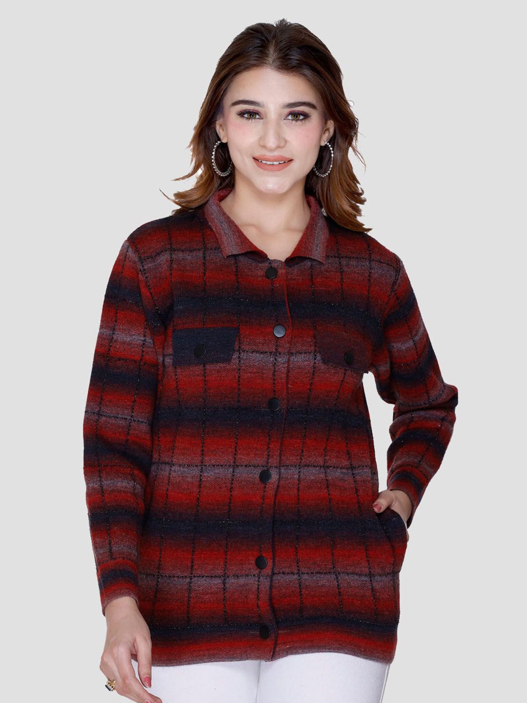 

aarbee Women Checked Woollen Cardigan Sweater, Red