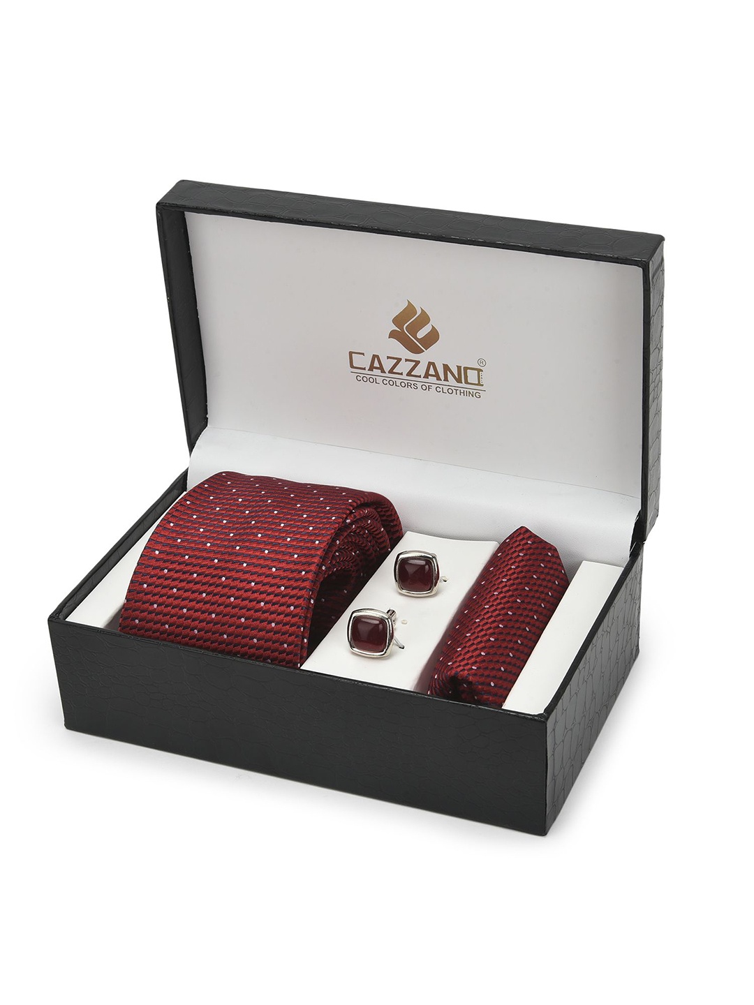 

Cazzano Men Striped Slim Tie Cufflinks & Pocket Square Accessory Gift Set, Maroon