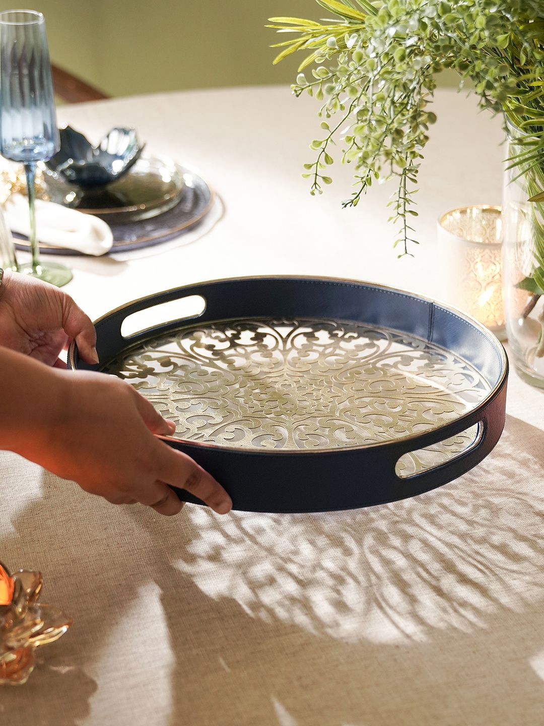 

Pure Home and Living Blue Lazer Cut Faux Leather Round Glass Serving Tray