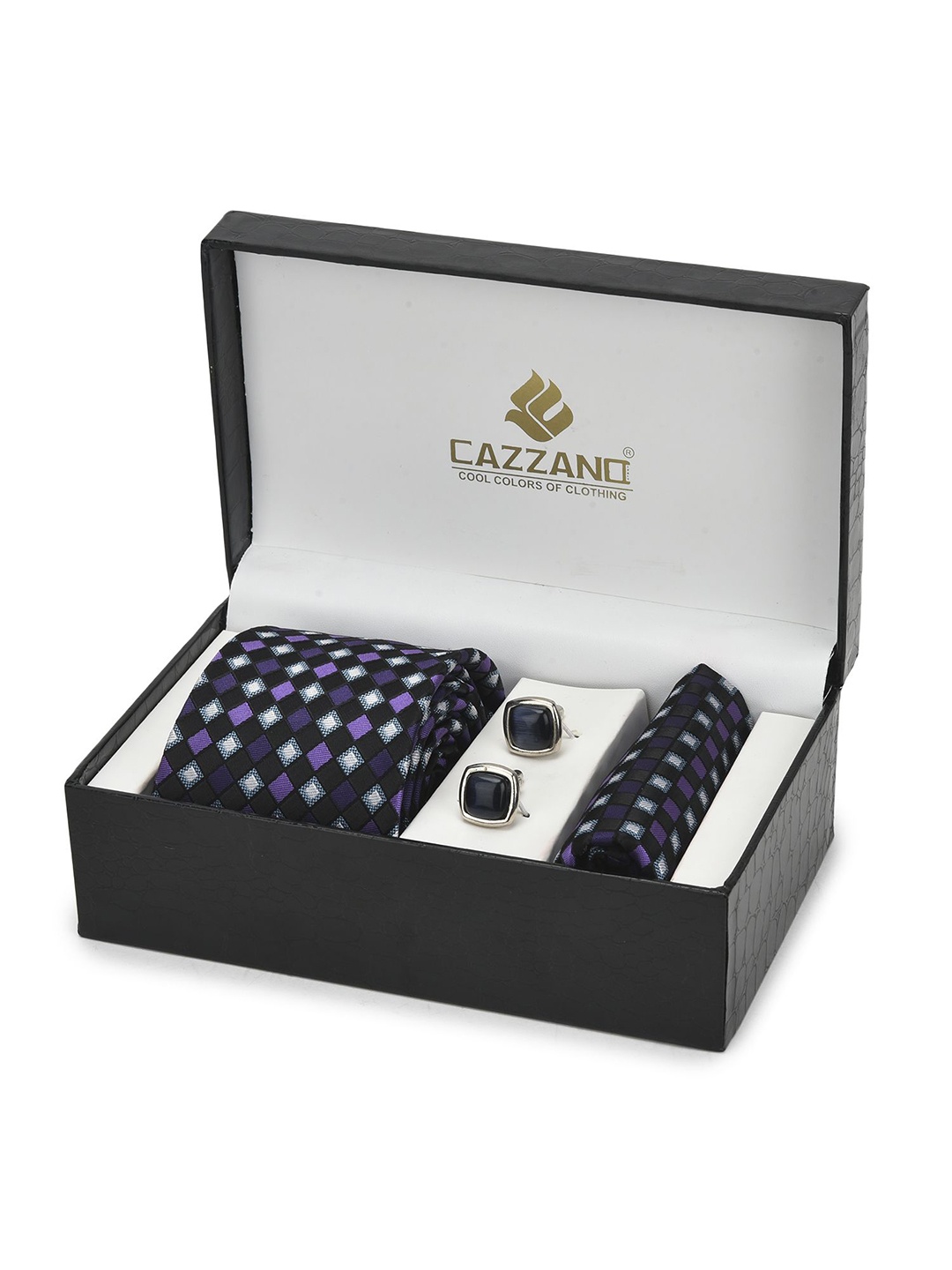 

Cazzano Men Checks Embroidered Slim Tie Cufflinks & Pocket Square Accessory Gift Set, Black