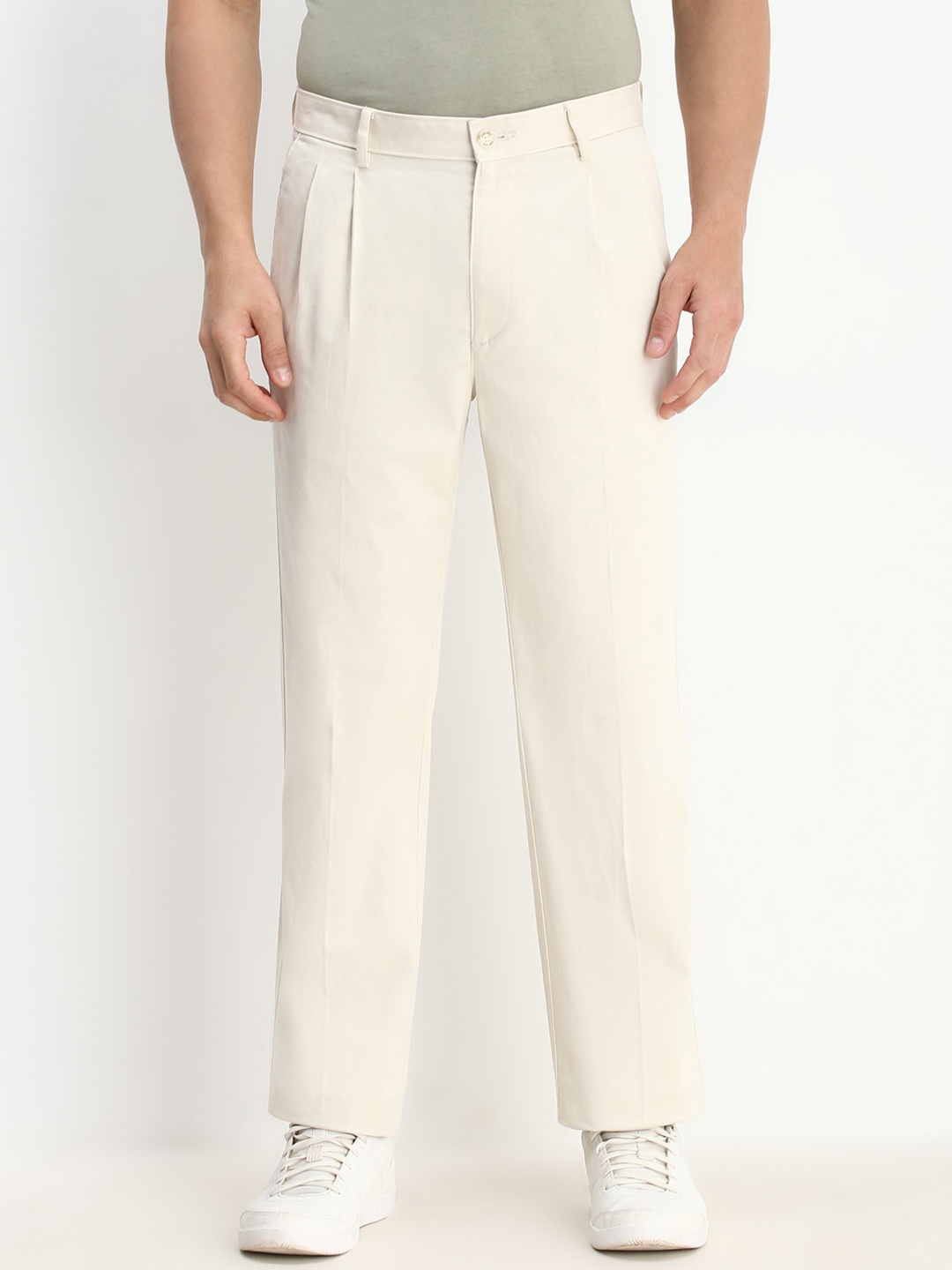 

Allen Solly Men Solid Pleated Cotton Trousers, Cream